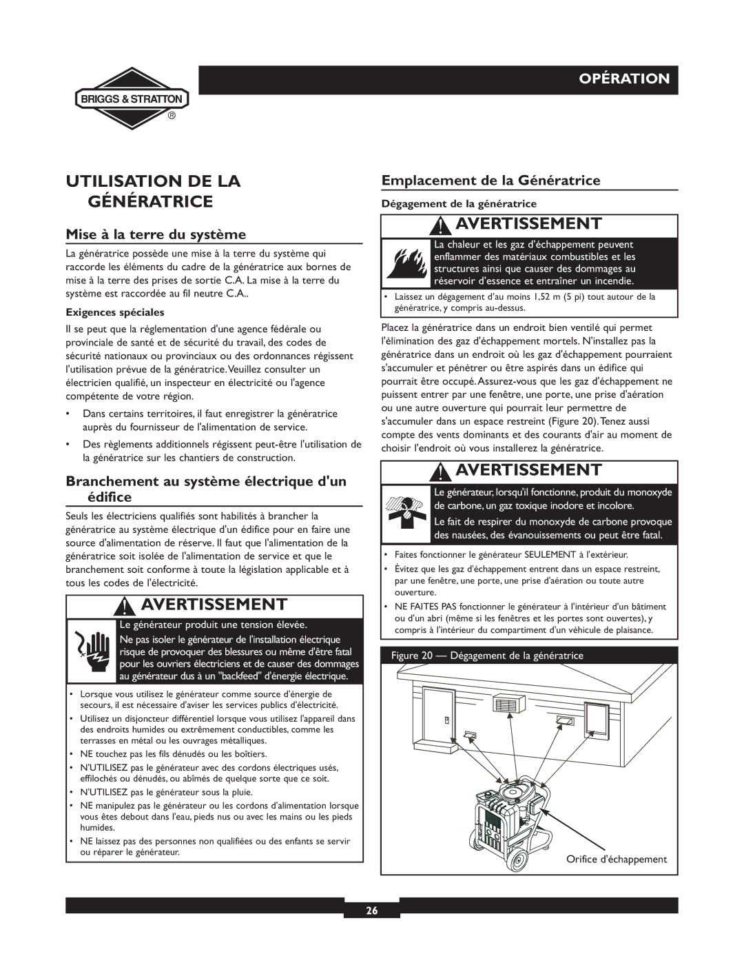 Briggs & Stratton 01894-1 manual Utilisation DE LA Génératrice, Mise à la terre du système, Emplacement de la Génératrice 