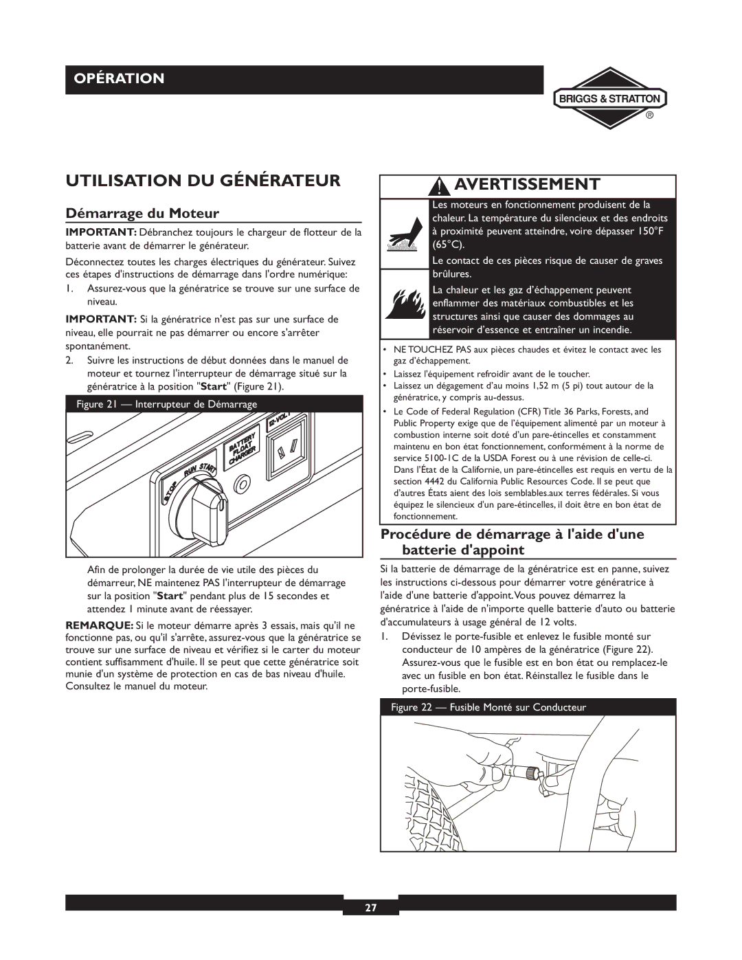 Briggs & Stratton 01894-1 manual Utilisation DU Générateur, Démarrage du Moteur 