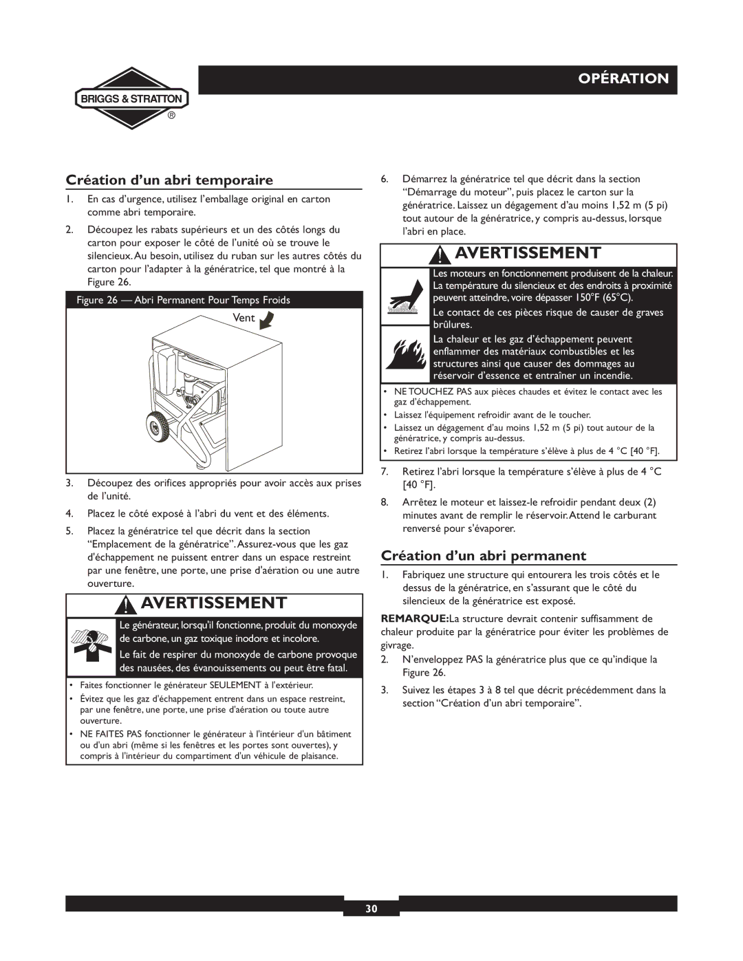 Briggs & Stratton 01894-1 manual Création d’un abri temporaire, Création d’un abri permanent, Vent 