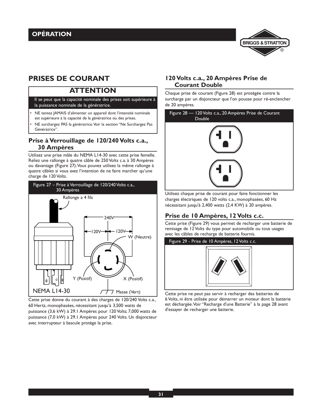 Briggs & Stratton 01894-1 manual Prises DE Courant, Prise à Verrouillage de 120/240 Volts c.a., 30 Ampères 