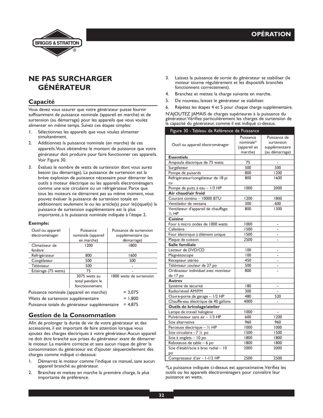 Briggs & Stratton 01894-1 manual NE PAS Surcharger Générateur, Capacité, Gestion de la Consommation, Exemple, = 3,075 