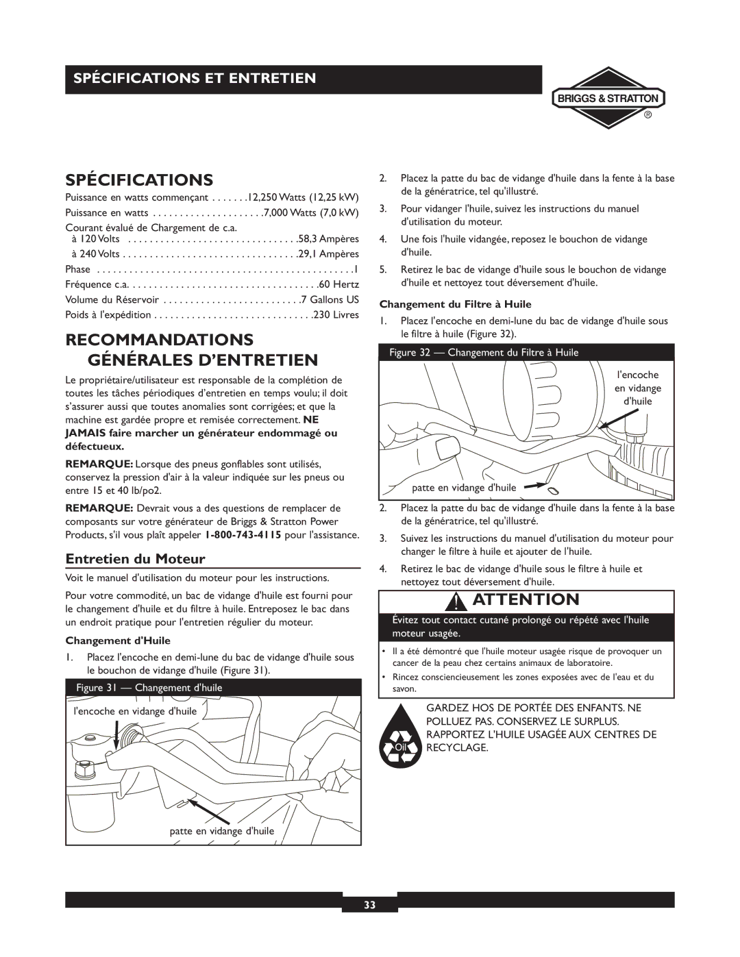 Briggs & Stratton 01894-1 manual Spécifications, Recommandations Générales D’ENTRETIEN, Entretien du Moteur 