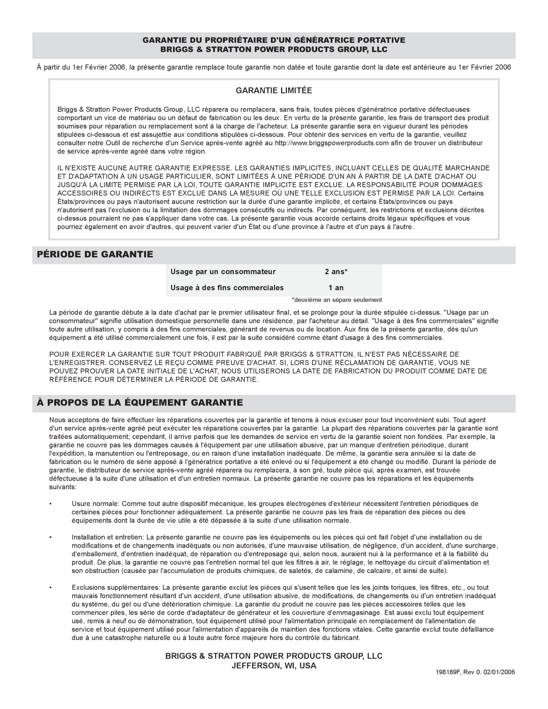 Briggs & Stratton 01894-1 manual Période DE Garantie, Garantie Limitée 