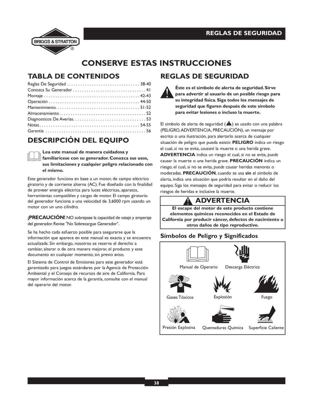 Briggs & Stratton 01894-1 manual Tabla DE Contenidos, Descripción DEL Equipo, Reglas DE Seguridad, Advertencia 