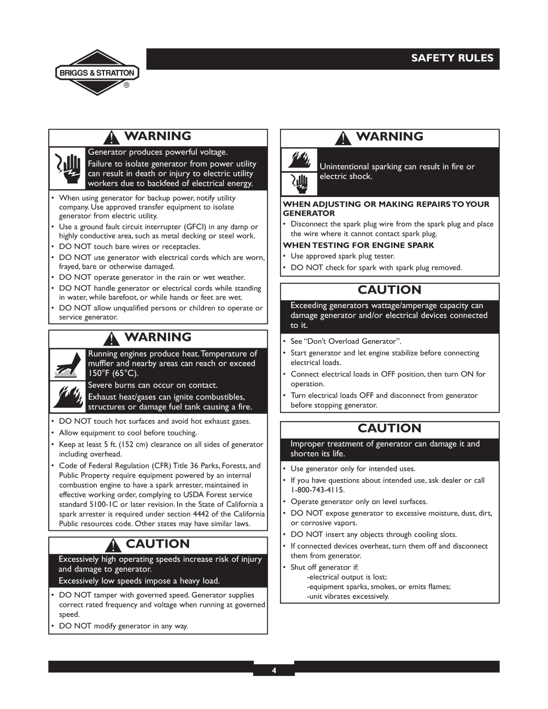 Briggs & Stratton 01894-1 manual When Adjusting or Making Repairs to Your Generator, When Testing for Engine Spark 