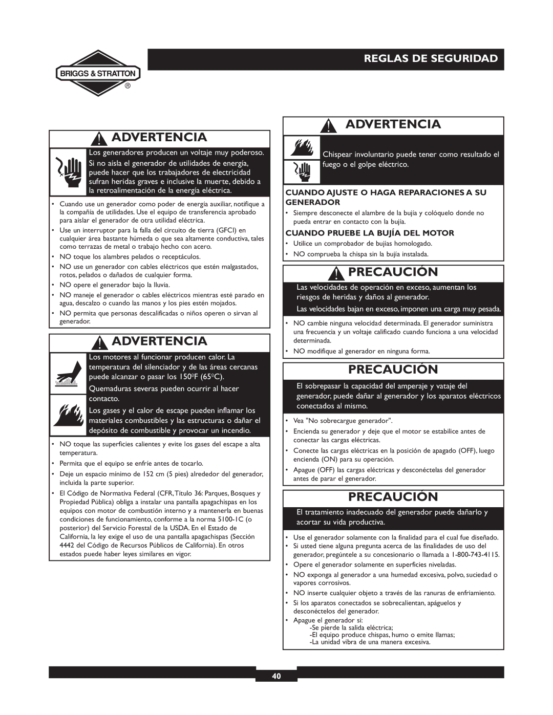 Briggs & Stratton 01894-1 Precaución, Cuando Ajuste O Haga Reparaciones a SU Generador, Cuando Pruebe LA Bujía DEL Motor 