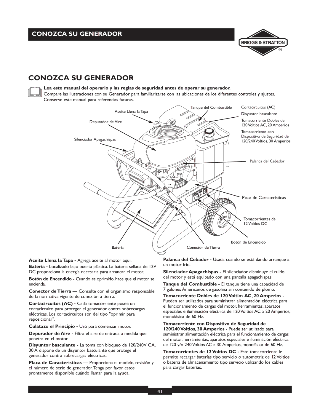 Briggs & Stratton 01894-1 Conozca SU Generador, Placa de Características, Aceite Llena la Tapa Agrega aceite al motor aquí 