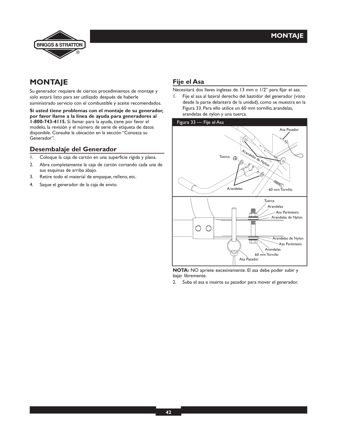 Briggs & Stratton 01894-1 manual Montaje, Desembalaje del Generador, Fije el Asa 