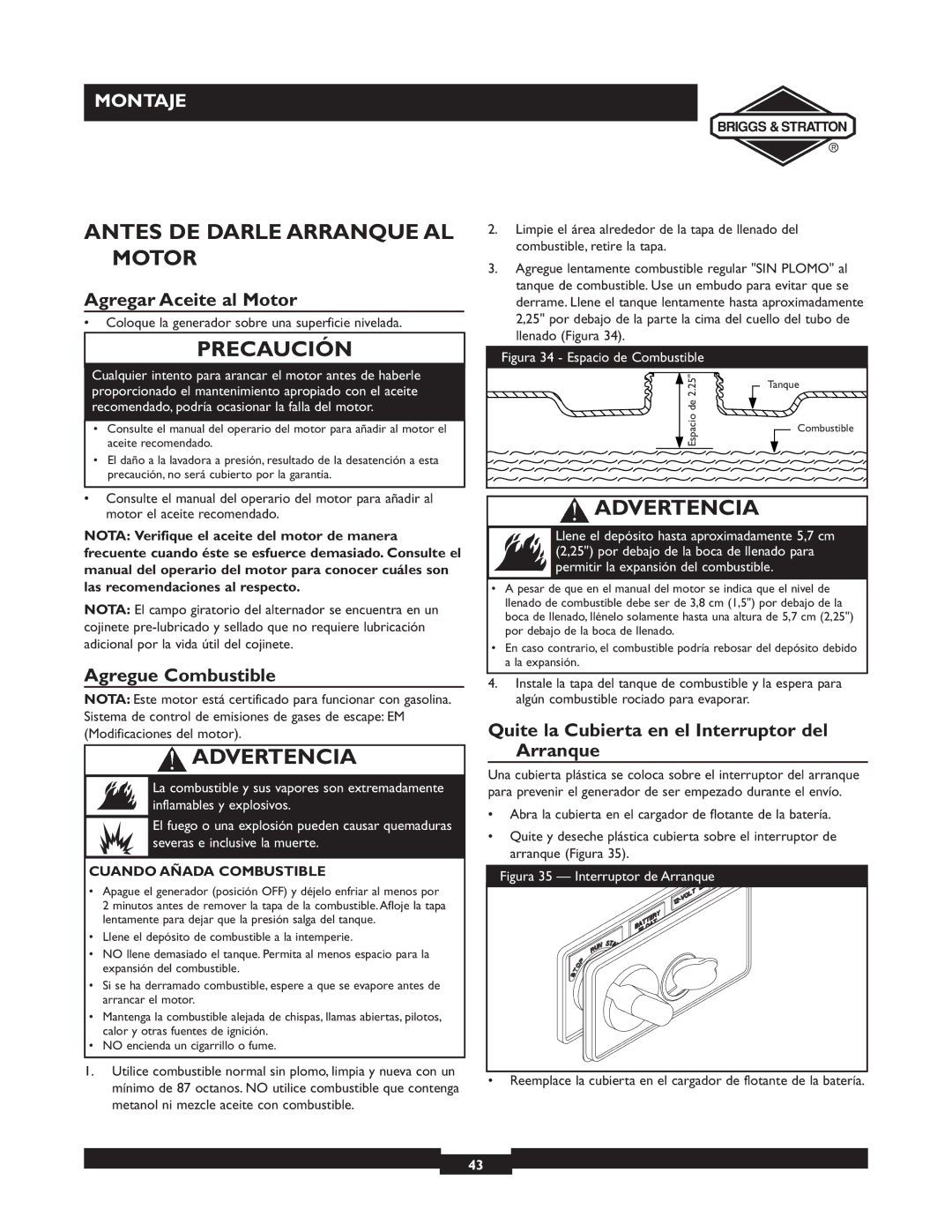 Briggs & Stratton 01894-1 manual Antes DE Darle Arranque AL Motor, Agregar Aceite al Motor, Agregue Combustible 