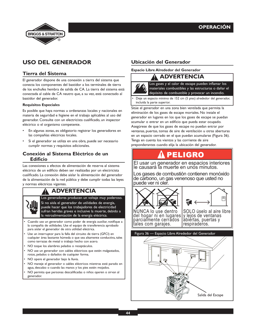 Briggs & Stratton 01894-1 manual USO DEL Generador, Tierra del Sistema, Ubicación del Generador 