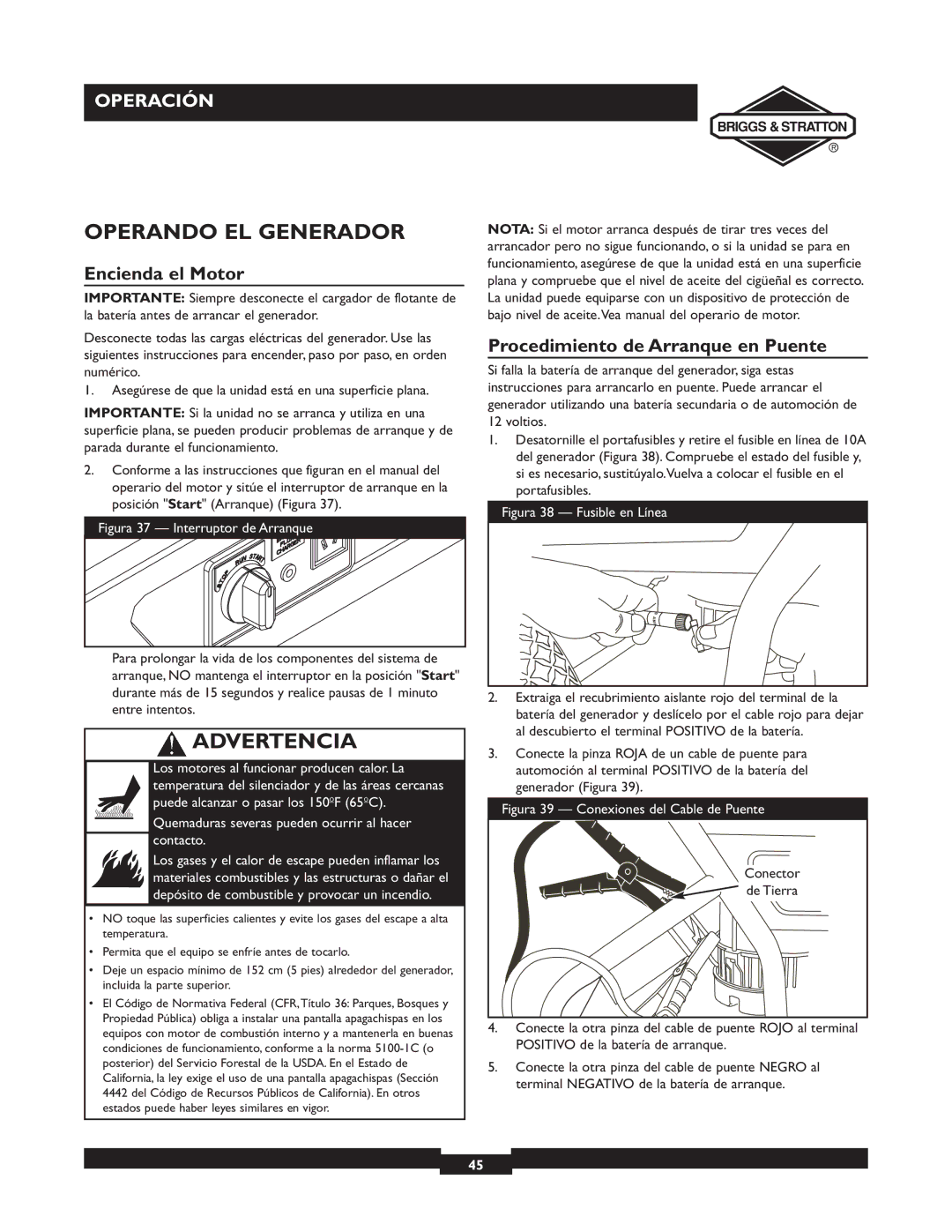 Briggs & Stratton 01894-1 manual Operando EL Generador, Encienda el Motor, Procedimiento de Arranque en Puente 