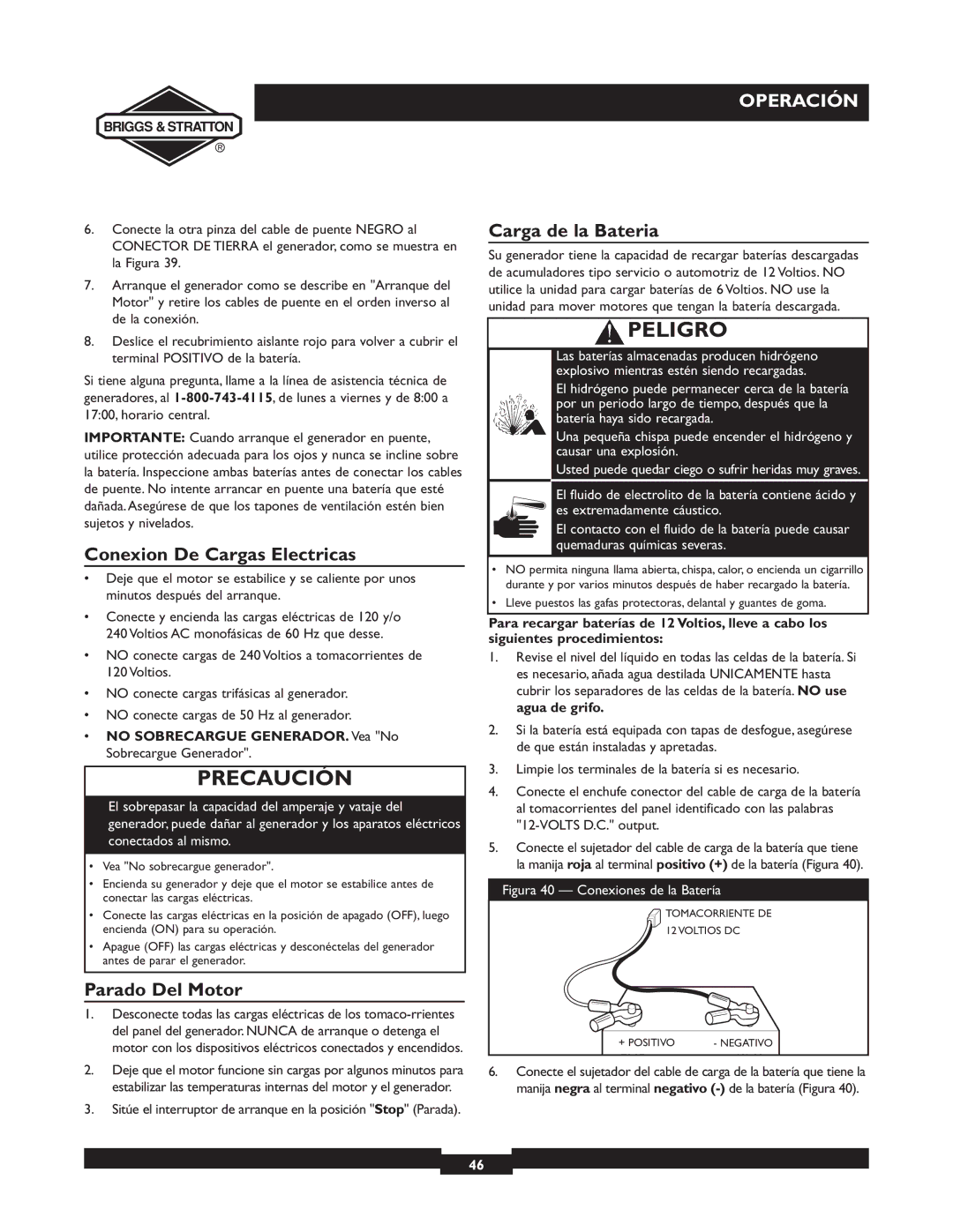 Briggs & Stratton 01894-1 manual Conexion De Cargas Electricas, Parado Del Motor, Carga de la Bateria 