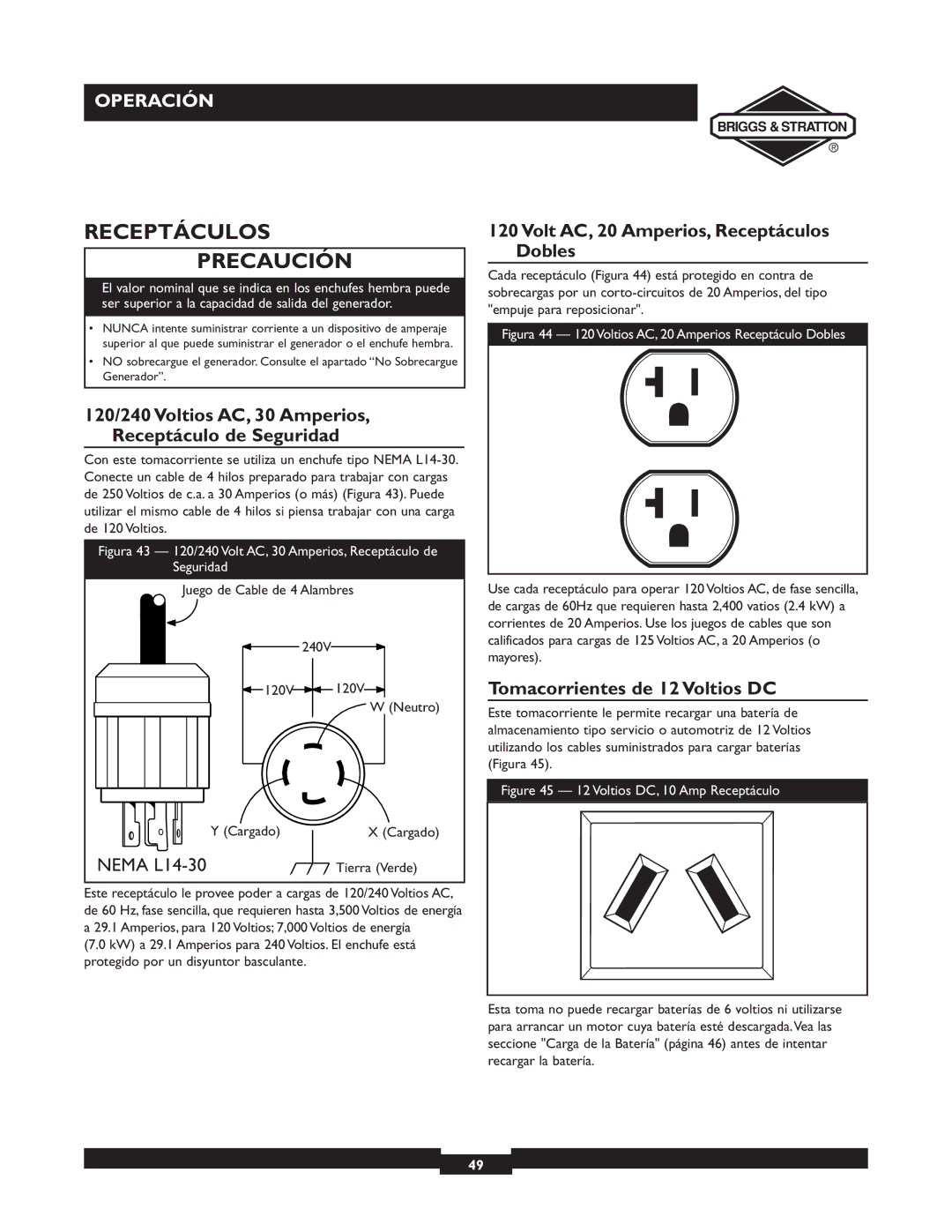 Briggs & Stratton 01894-1 manual Receptáculos Precaución, 120/240 Voltios AC, 30 Amperios, Receptáculo de Seguridad 