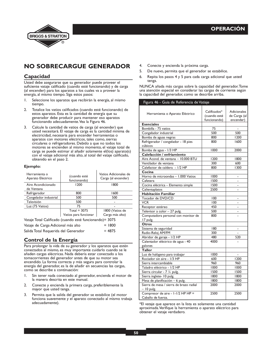 Briggs & Stratton 01894-1 manual No Sobrecargue Generador, Capacidad, Control de la Energía, Ejemplo 