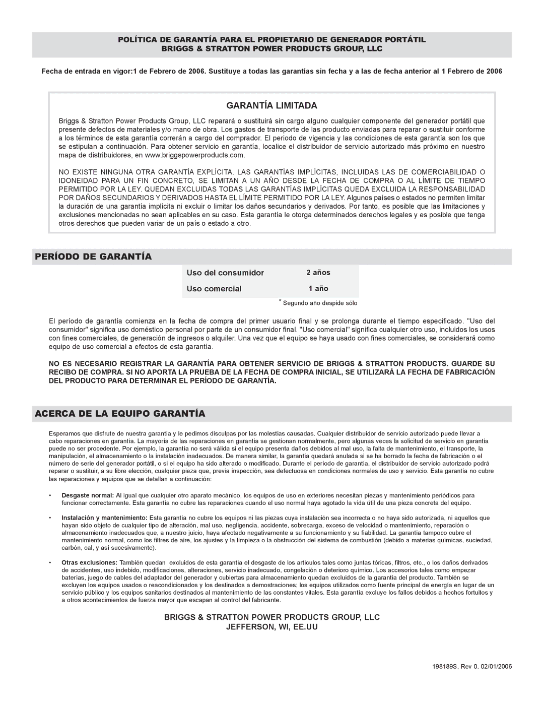 Briggs & Stratton 01894-1 manual Uso del consumidor, Uso comercial 