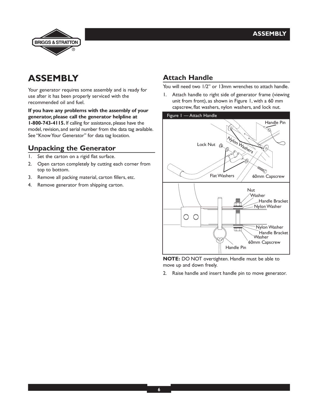 Briggs & Stratton 01894-1 manual Assembly, Unpacking the Generator, Attach Handle 