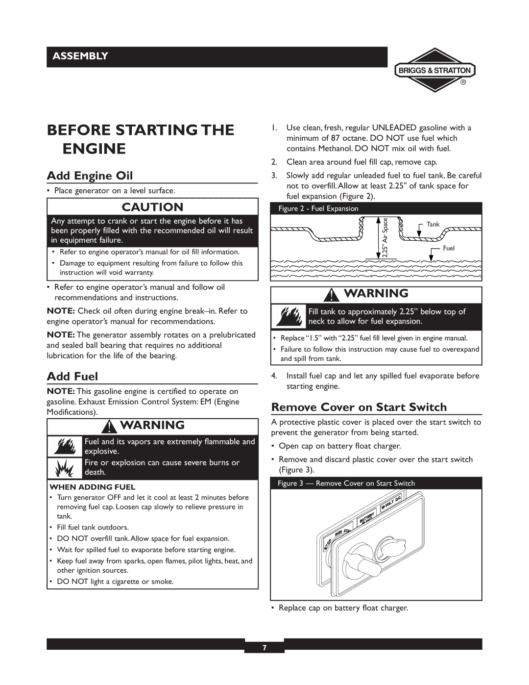 Briggs & Stratton 01894-1 manual Before Starting the Engine, Add Engine Oil, Add Fuel, Remove Cover on Start Switch 