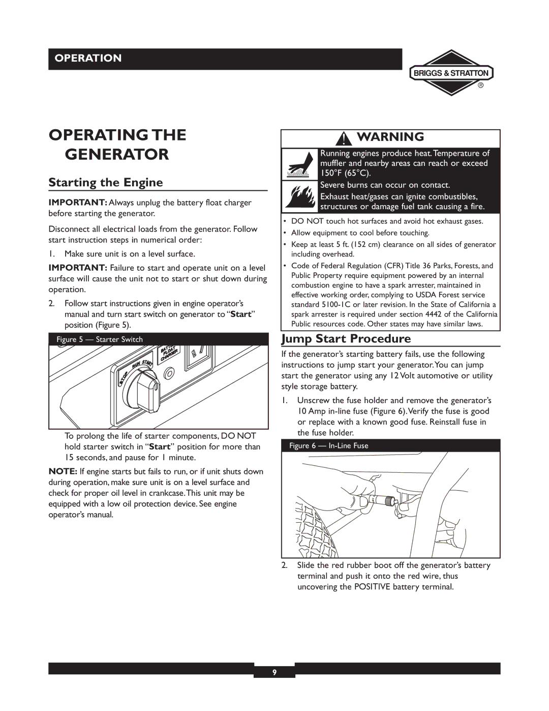 Briggs & Stratton 01894-1 manual Operating Generator, Starting the Engine, Jump Start Procedure 