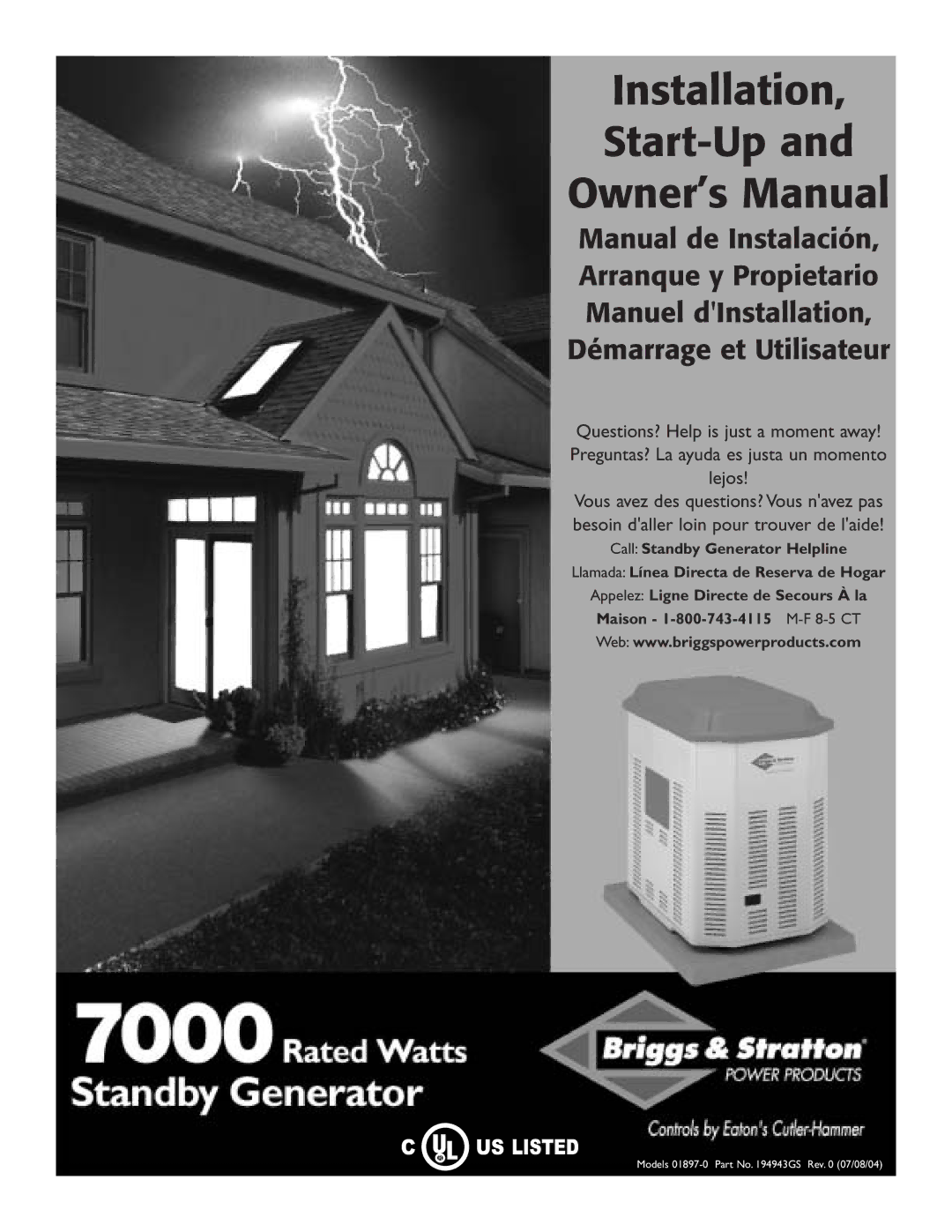 Briggs & Stratton 01897-0 owner manual Installation Start-Up 