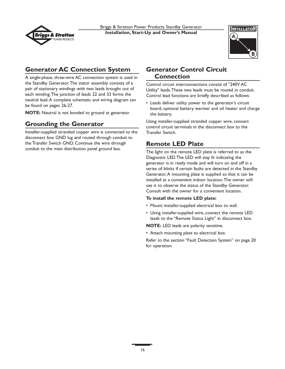 Briggs & Stratton 01897-0 Generator AC Connection System, Grounding the Generator, Generator Control Circuit Connection 