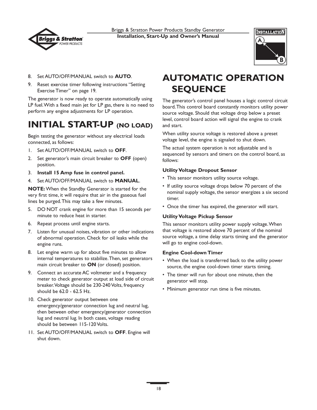 Briggs & Stratton 01897-0 owner manual Initial START-UP no Load, Automatic Operation Sequence 