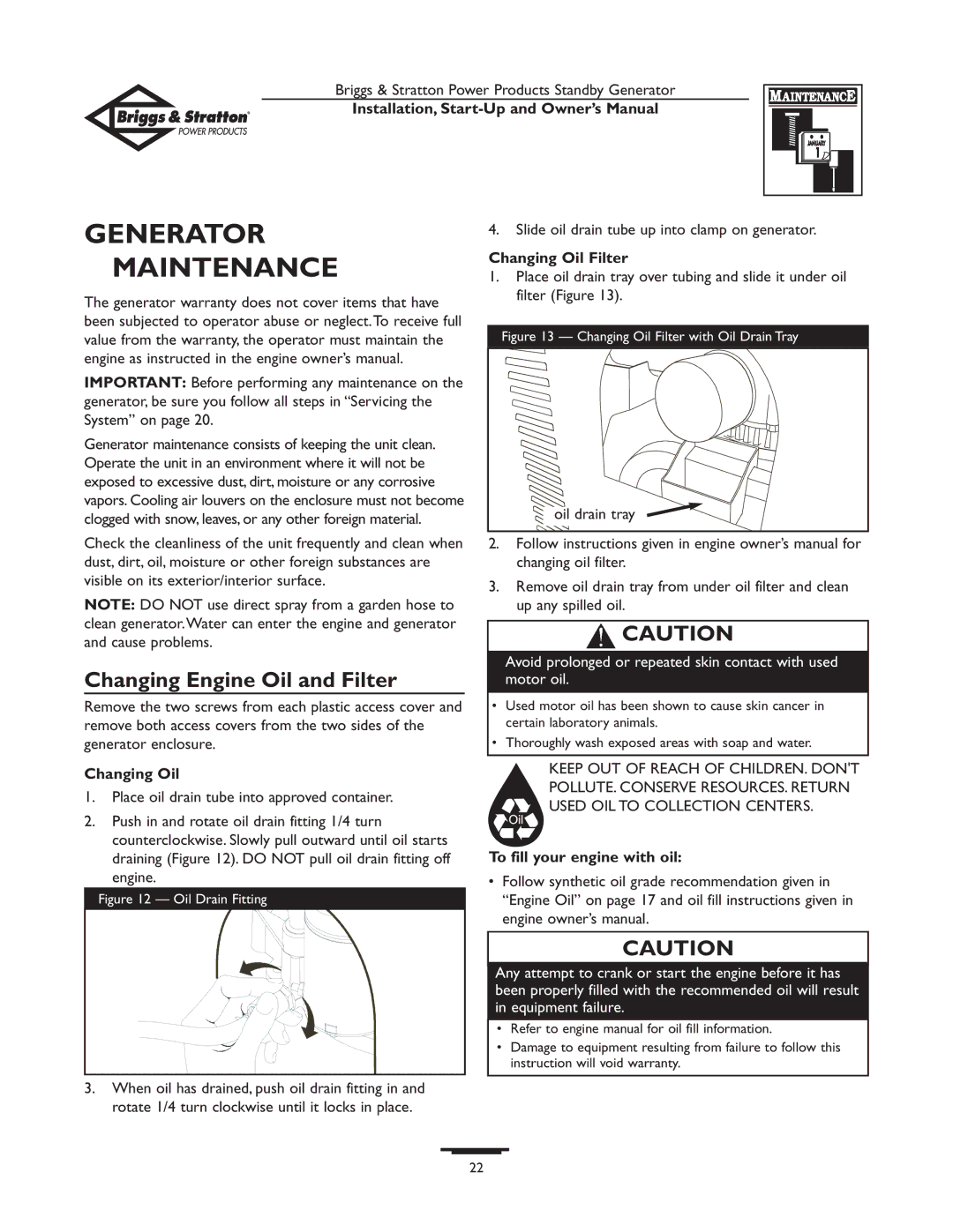 Briggs & Stratton 01897-0 owner manual Generator Maintenance, Changing Engine Oil and Filter, Changing Oil Filter 