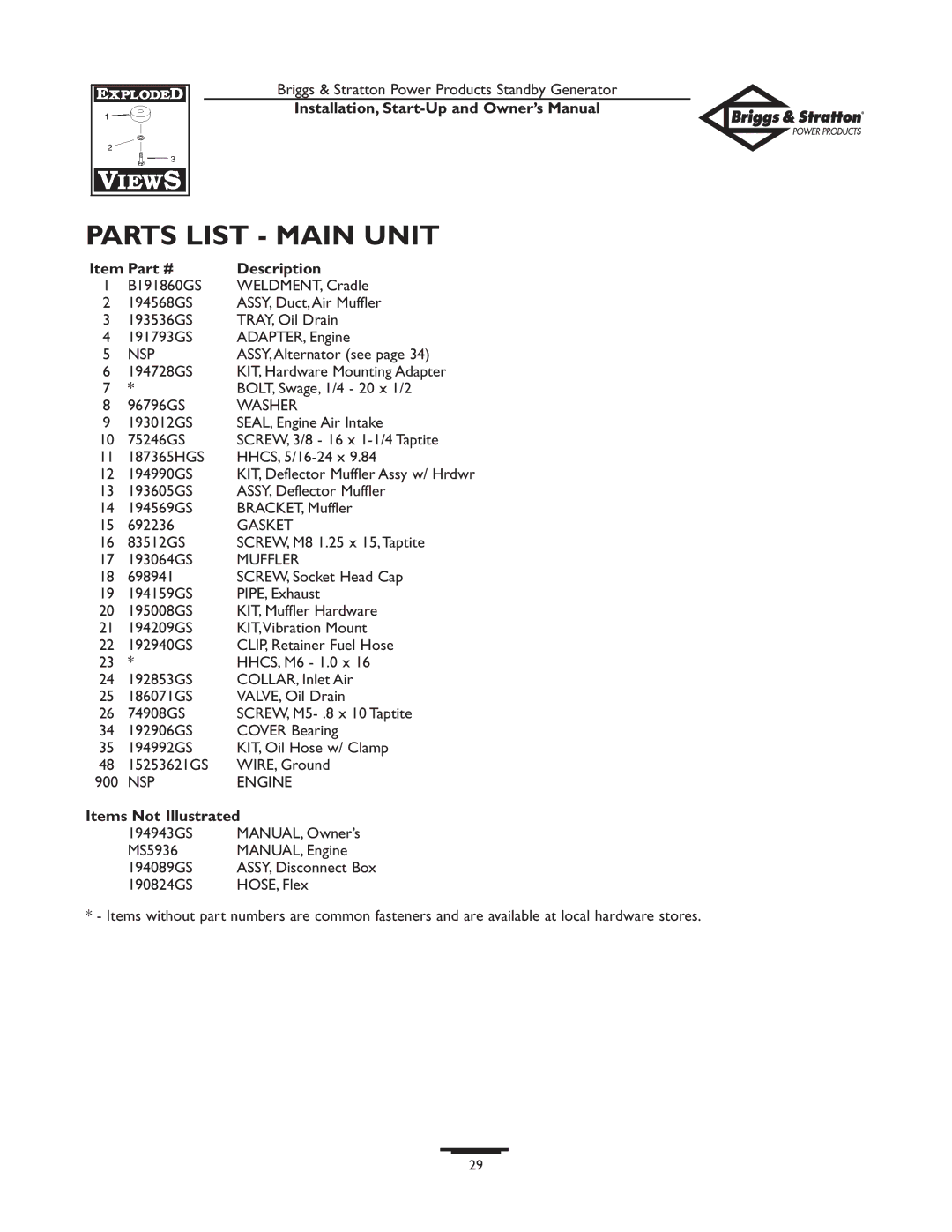 Briggs & Stratton 01897-0 Parts List Main Unit, Description, Items Not Illustrated, KIT, Deflector Muffler Assy w/ Hrdwr 