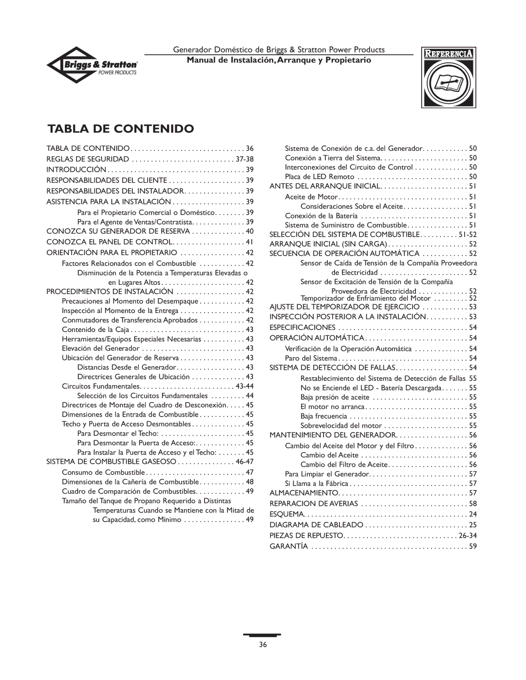 Briggs & Stratton 01897-0 Tabla DE Contenido, Manual de Instalación,Arranque y Propietario, Sistema DE Combustible Gaseoso 