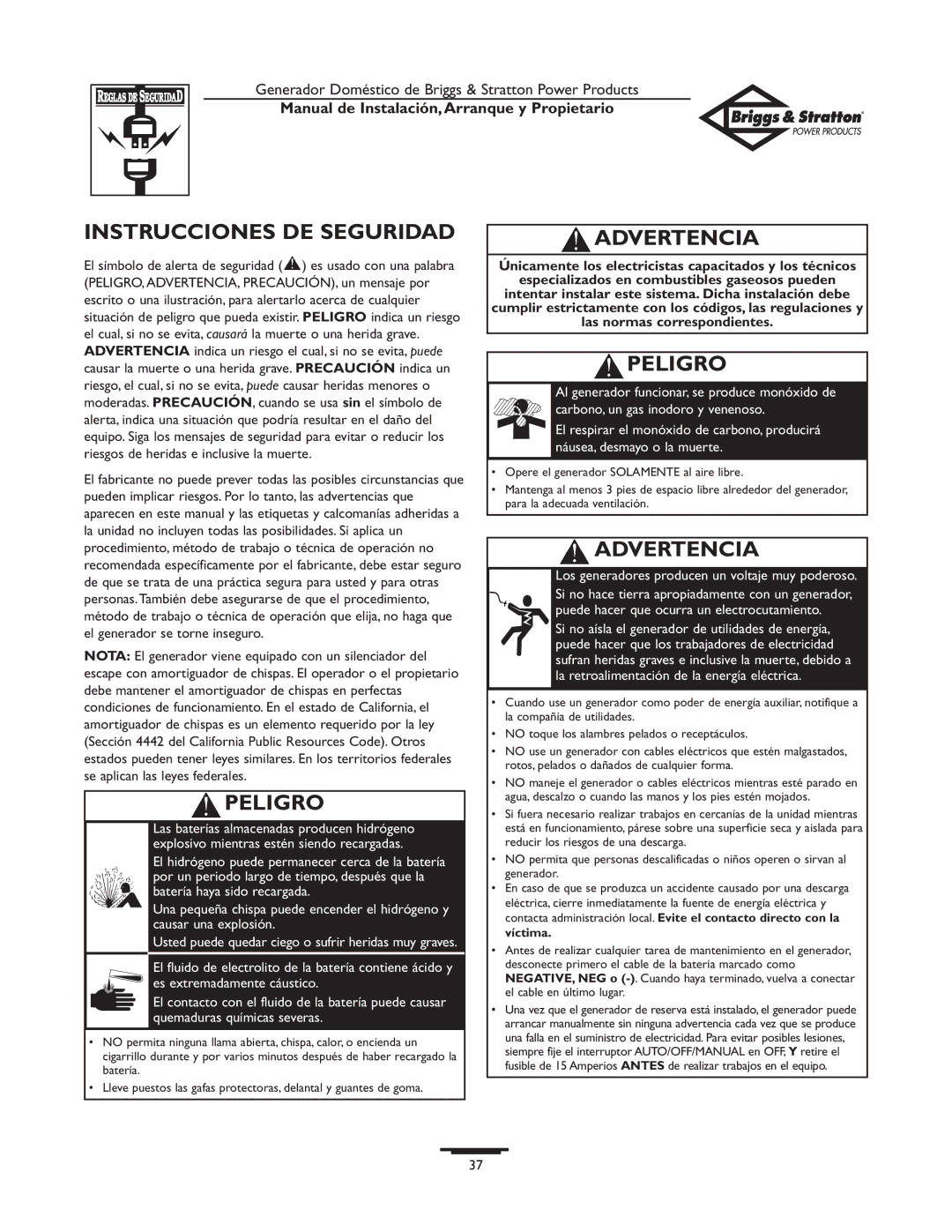 Briggs & Stratton 01897-0 owner manual Instrucciones DE Seguridad, Peligro, Advertencia 