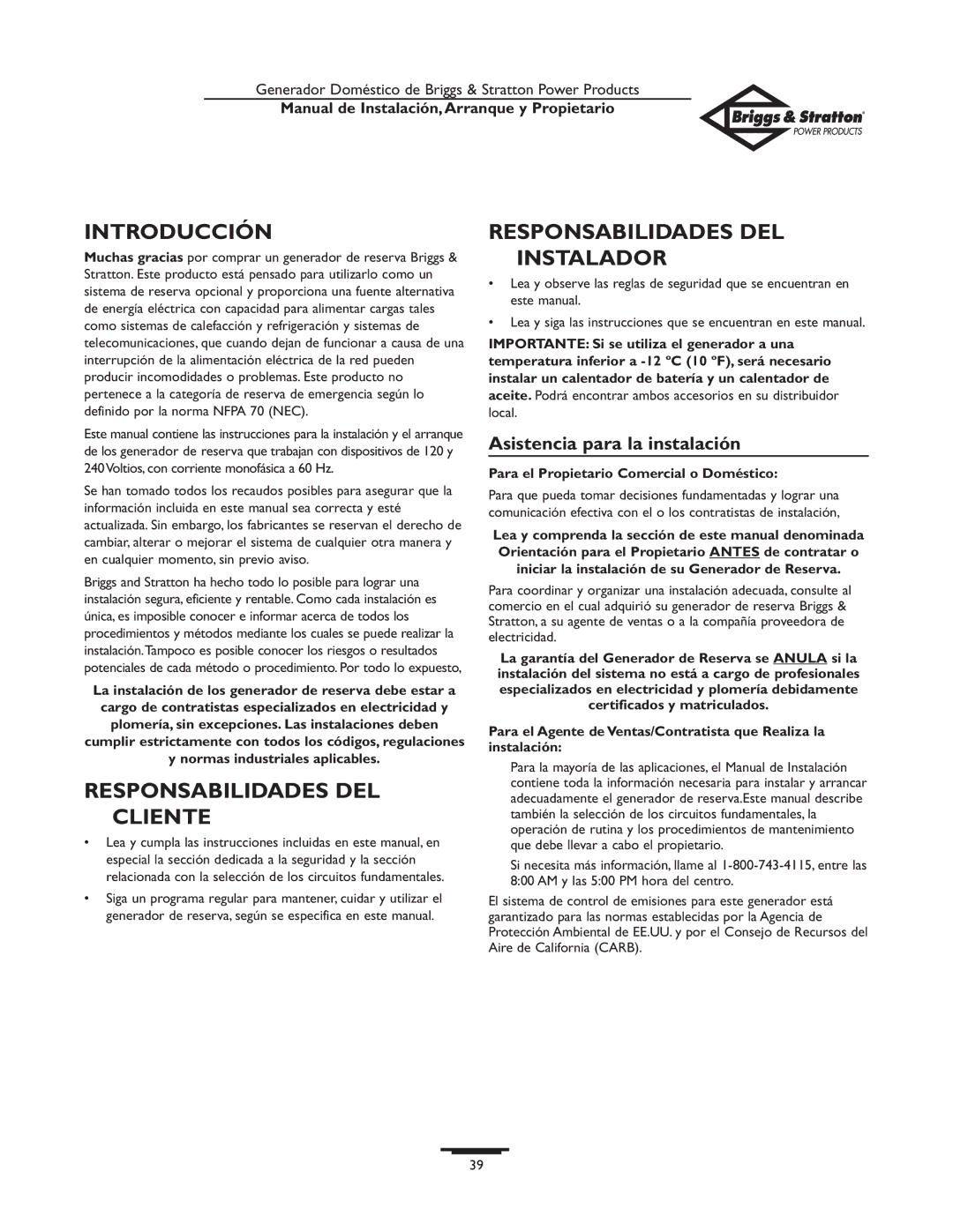 Briggs & Stratton 01897-0 owner manual Introducción, Responsabilidades DEL Cliente, Responsabilidades DEL Instalador 