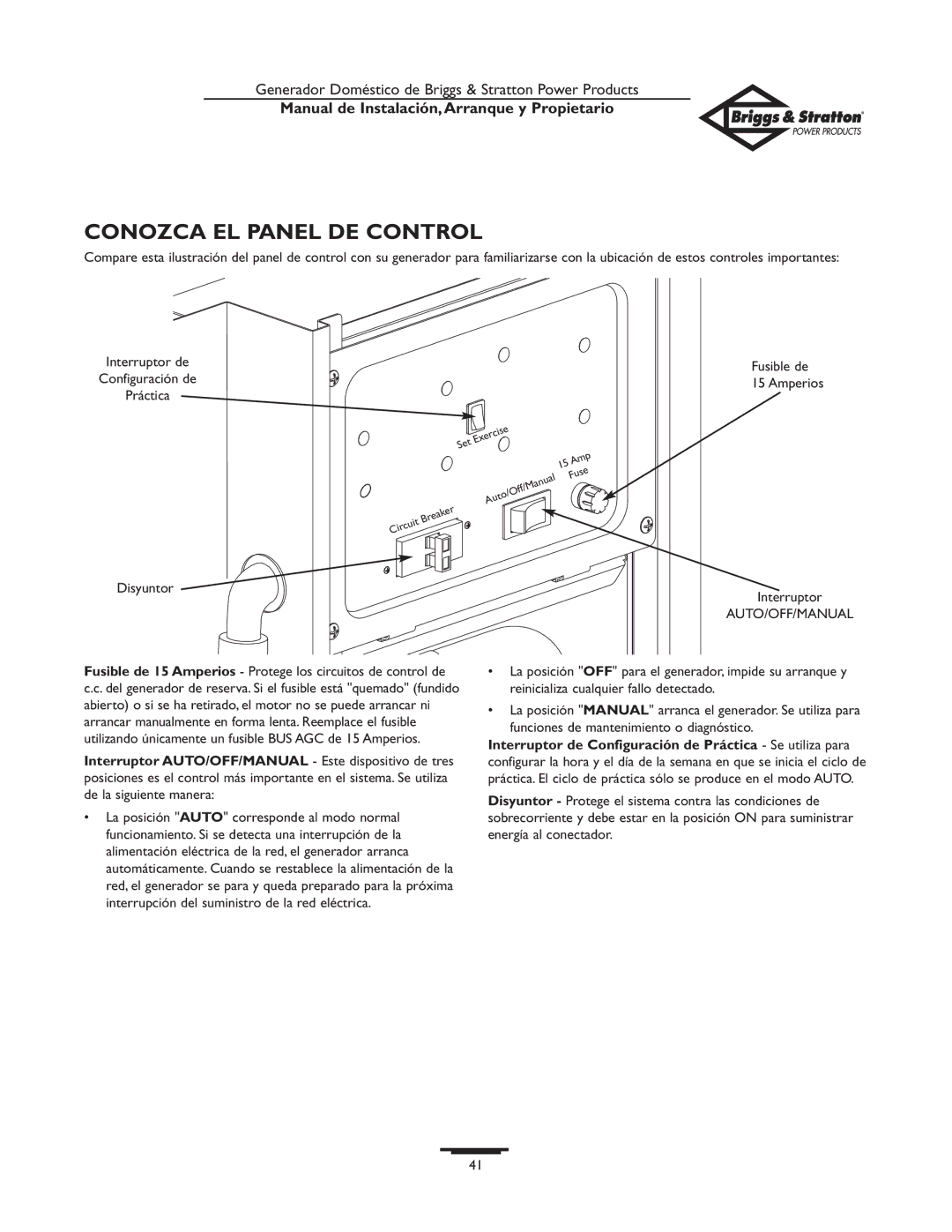 Briggs & Stratton 01897-0 owner manual Conozca EL Panel DE Control, Fusible de, Disyuntor Interruptor 