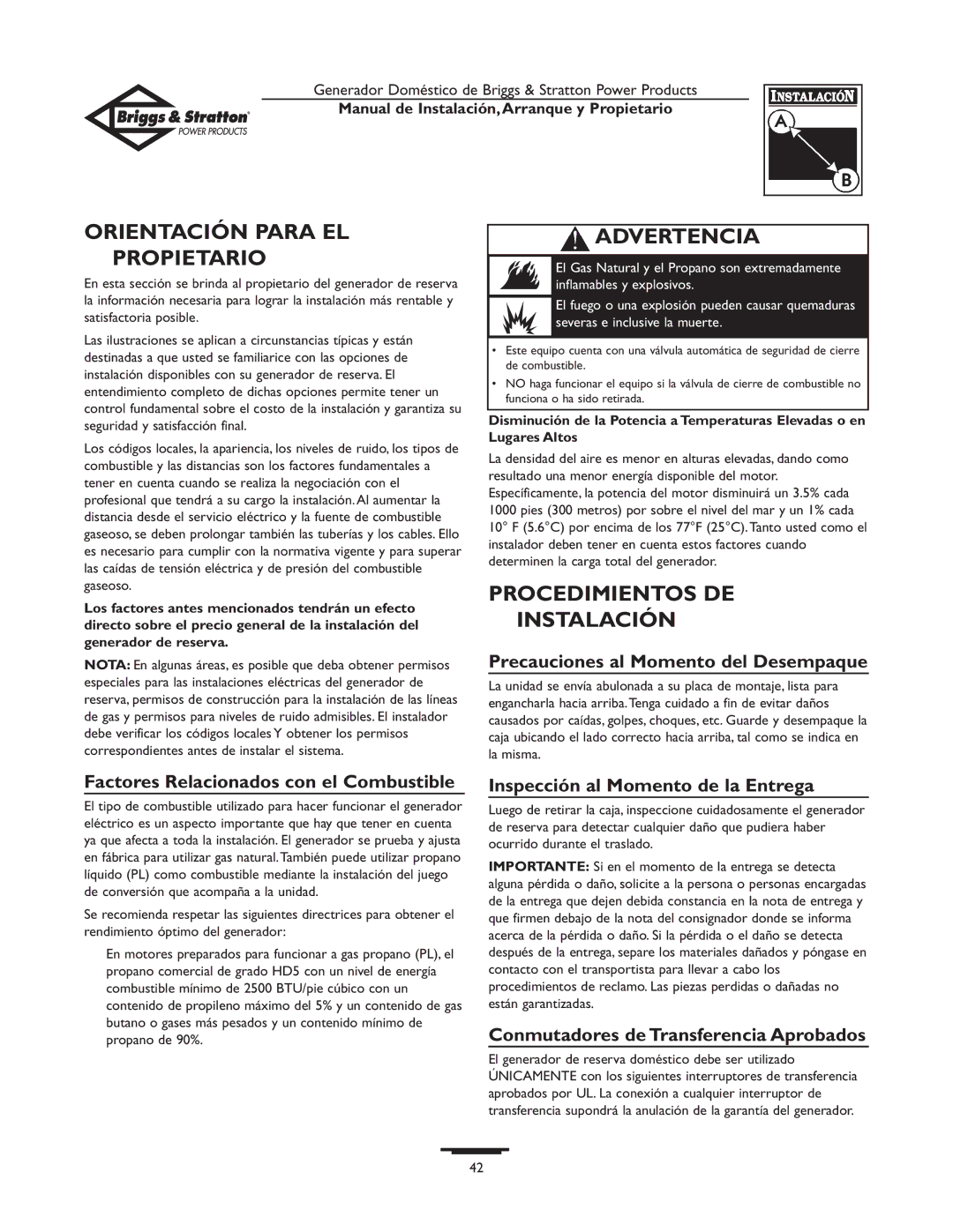 Briggs & Stratton 01897-0 owner manual Orientación Para EL Propietario, Procedimientos DE Instalación 