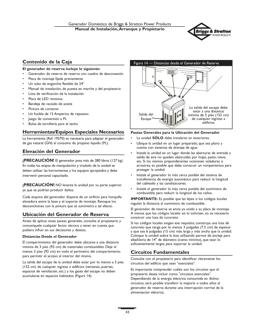 Briggs & Stratton 01897-0 owner manual Contenido de la Caja, Elevación del Generador, Ubicación del Generador de Reserva 