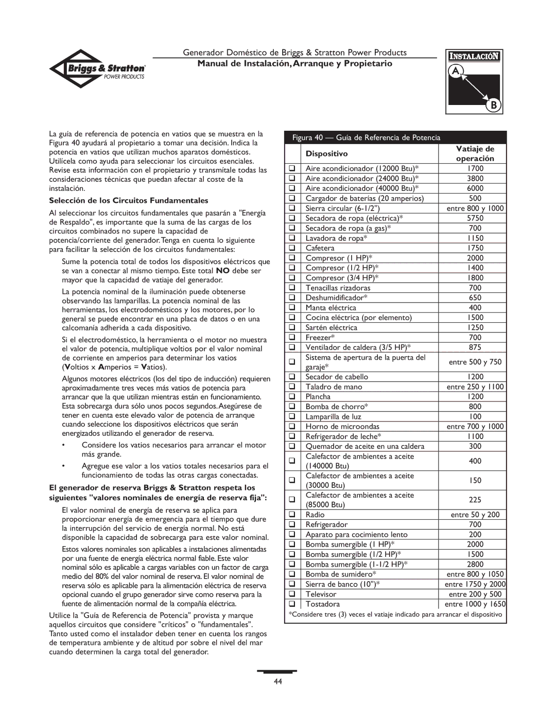 Briggs & Stratton 01897-0 owner manual Selección de los Circuitos Fundamentales, Dispositivo Vatiaje de 