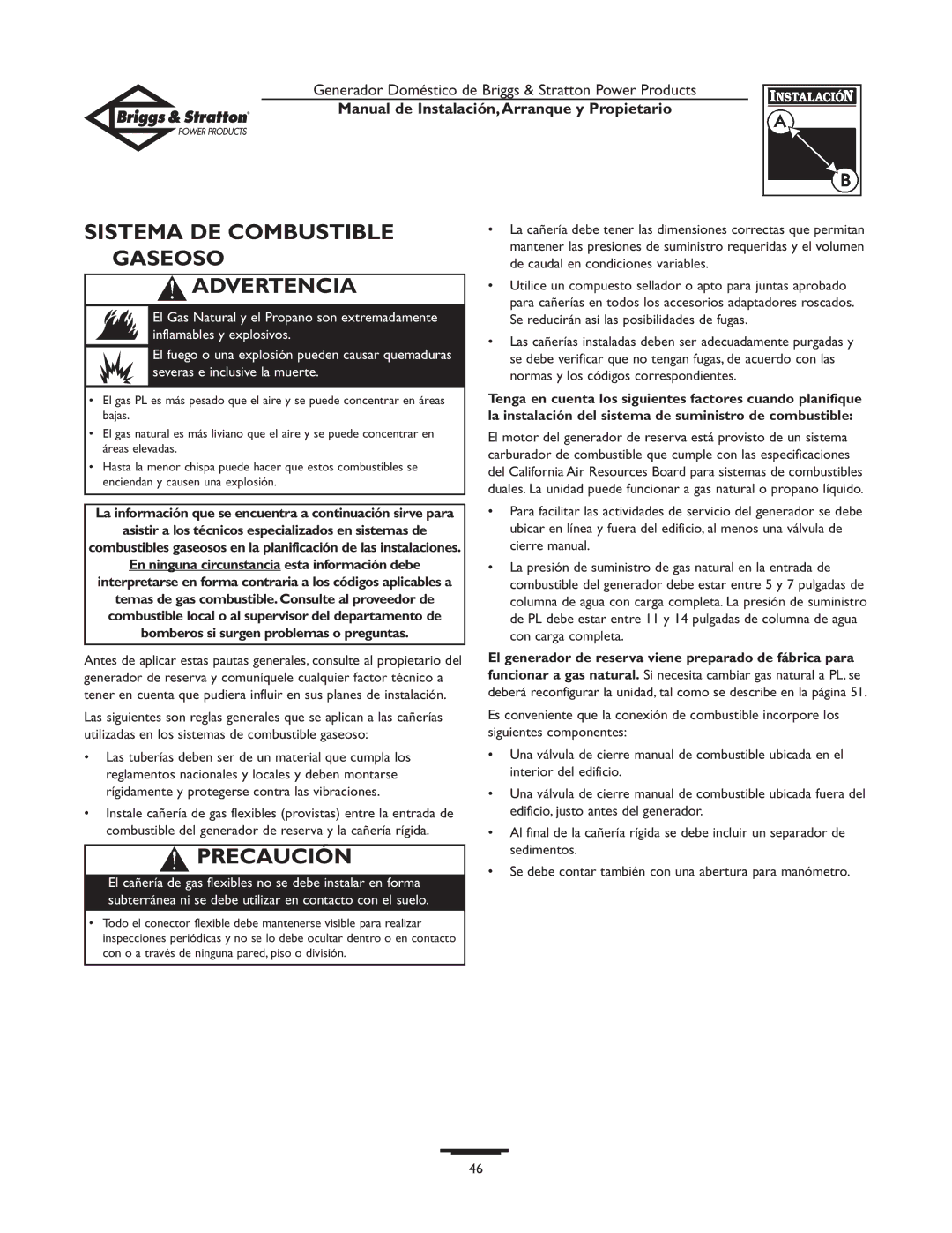 Briggs & Stratton 01897-0 owner manual Sistema DE Combustible Gaseoso Advertencia 