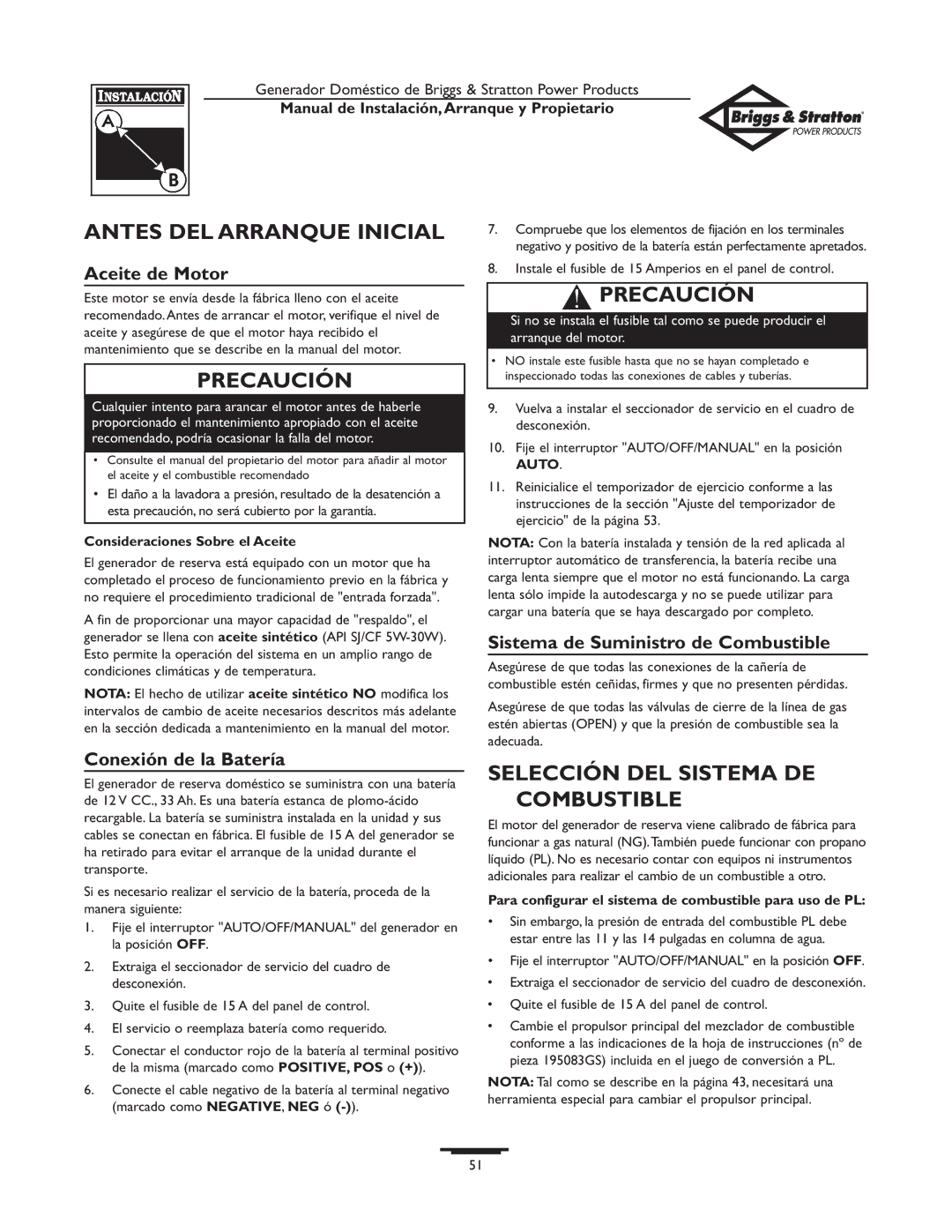 Briggs & Stratton 01897-0 owner manual Antes DEL Arranque Inicial, Selección DEL Sistema DE Combustible, Aceite de Motor 