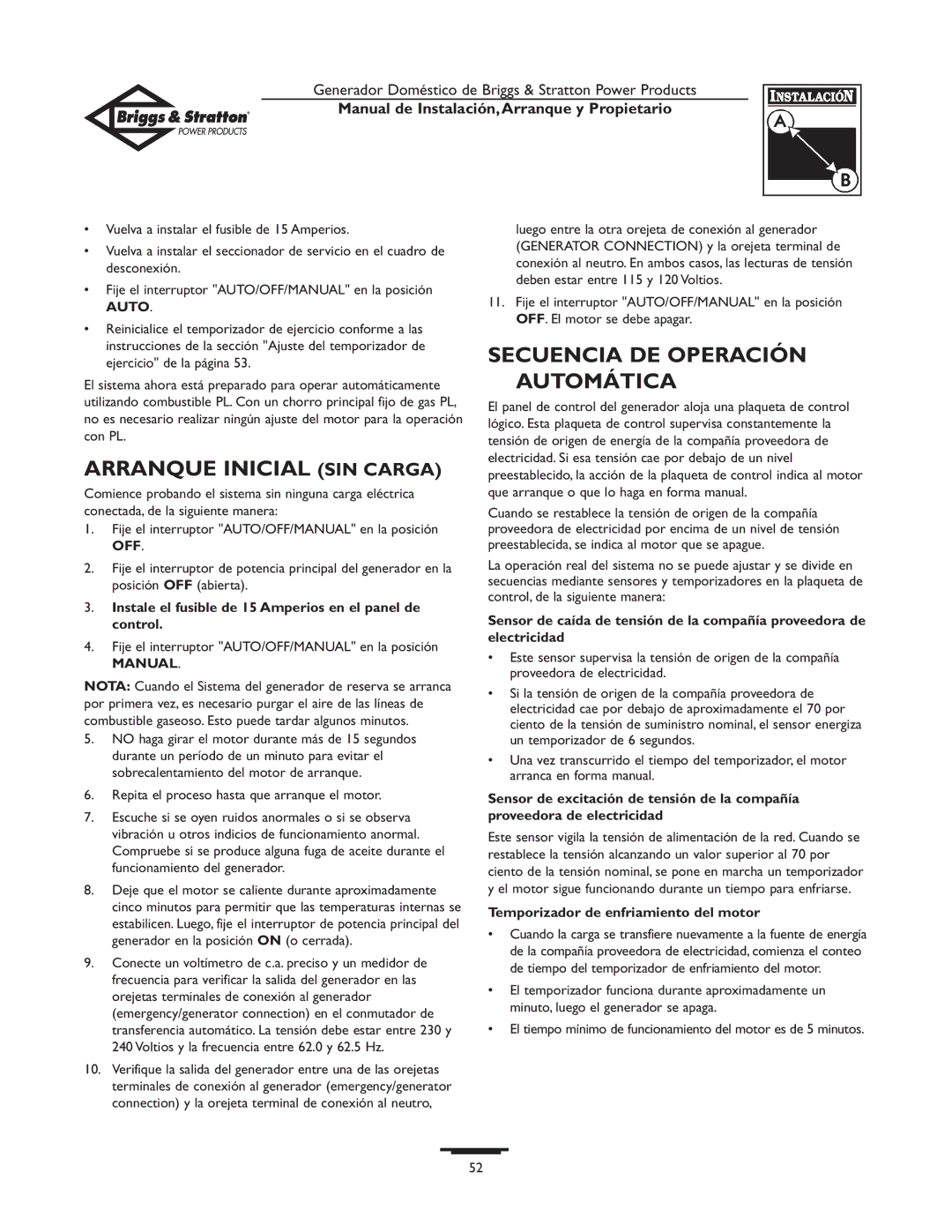 Briggs & Stratton 01897-0 owner manual Arranque Inicial SIN Carga, Secuencia DE Operación Automática 