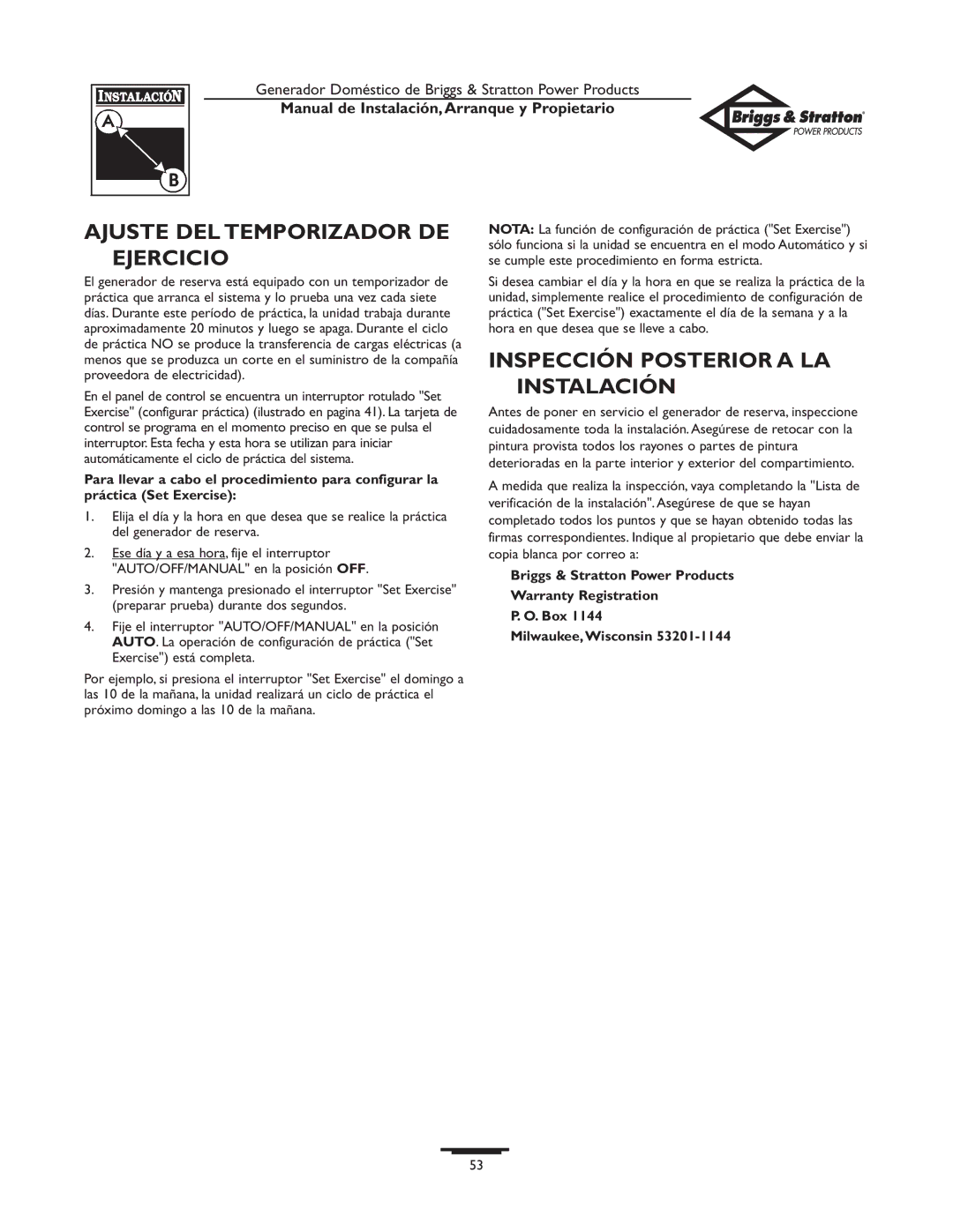 Briggs & Stratton 01897-0 owner manual Ajuste DEL Temporizador DE Ejercicio, Inspección Posterior a LA Instalación 