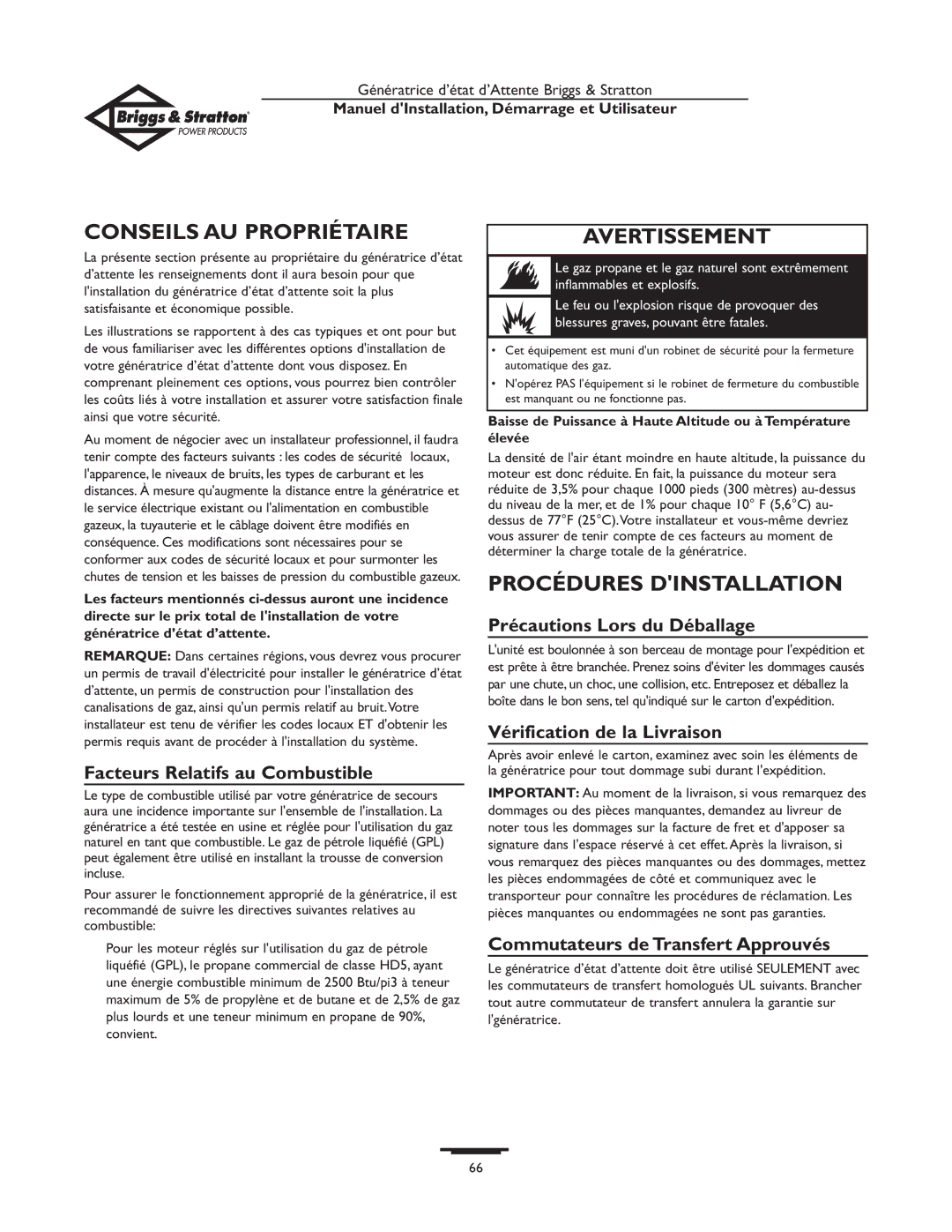 Briggs & Stratton 01897-0 owner manual Conseils AU Propriétaire, Procédures Dinstallation 