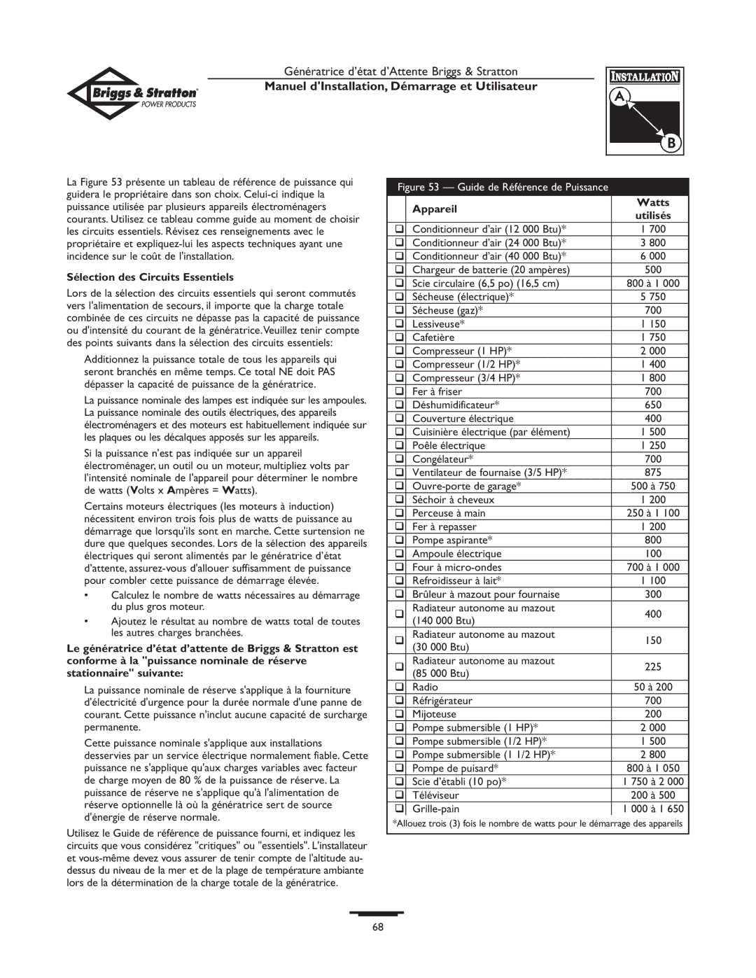 Briggs & Stratton 01897-0 owner manual Sélection des Circuits Essentiels, Appareil Watts 