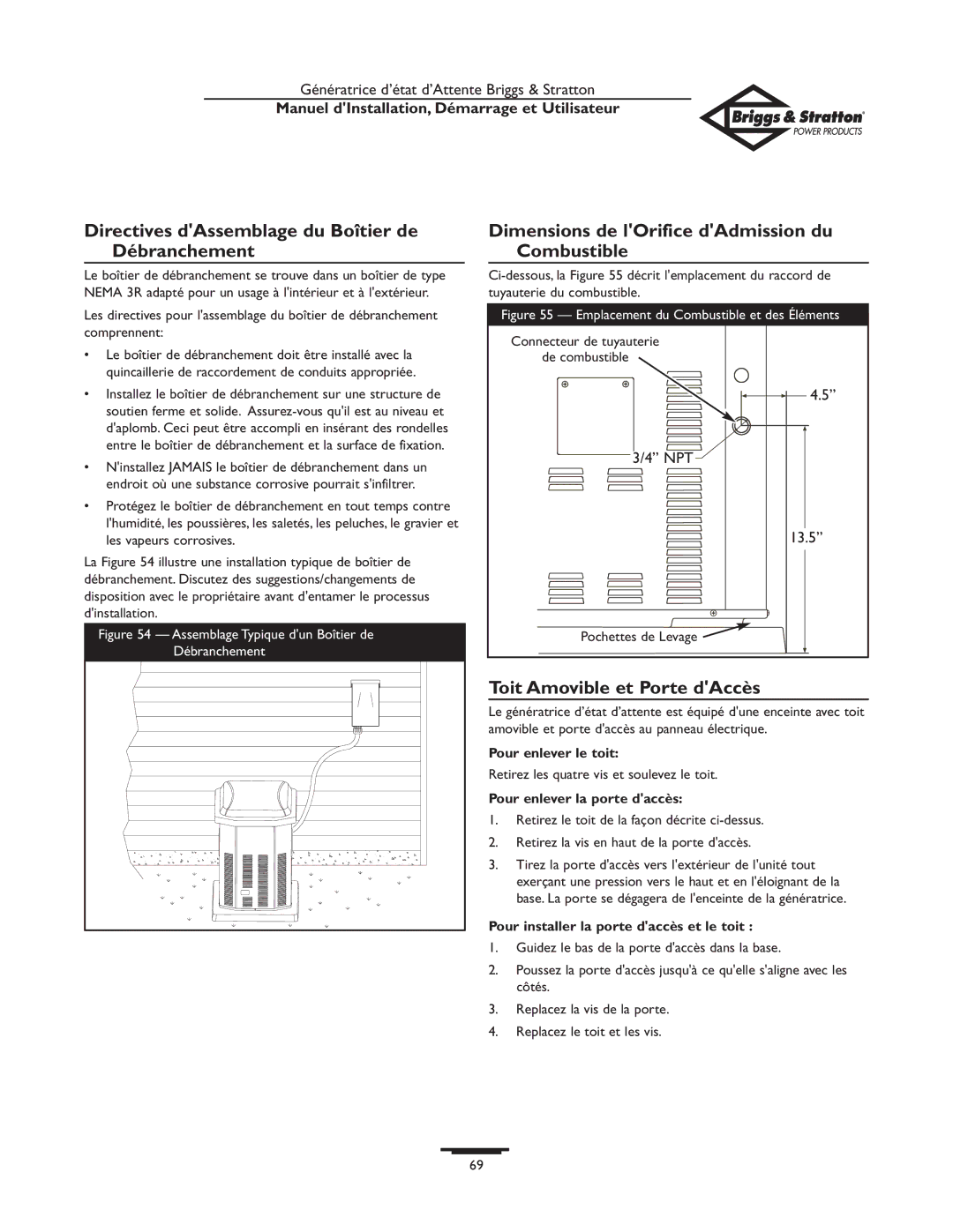 Briggs & Stratton 01897-0 owner manual Directives dAssemblage du Boîtier de Débranchement, Toit Amovible et Porte dAccès 
