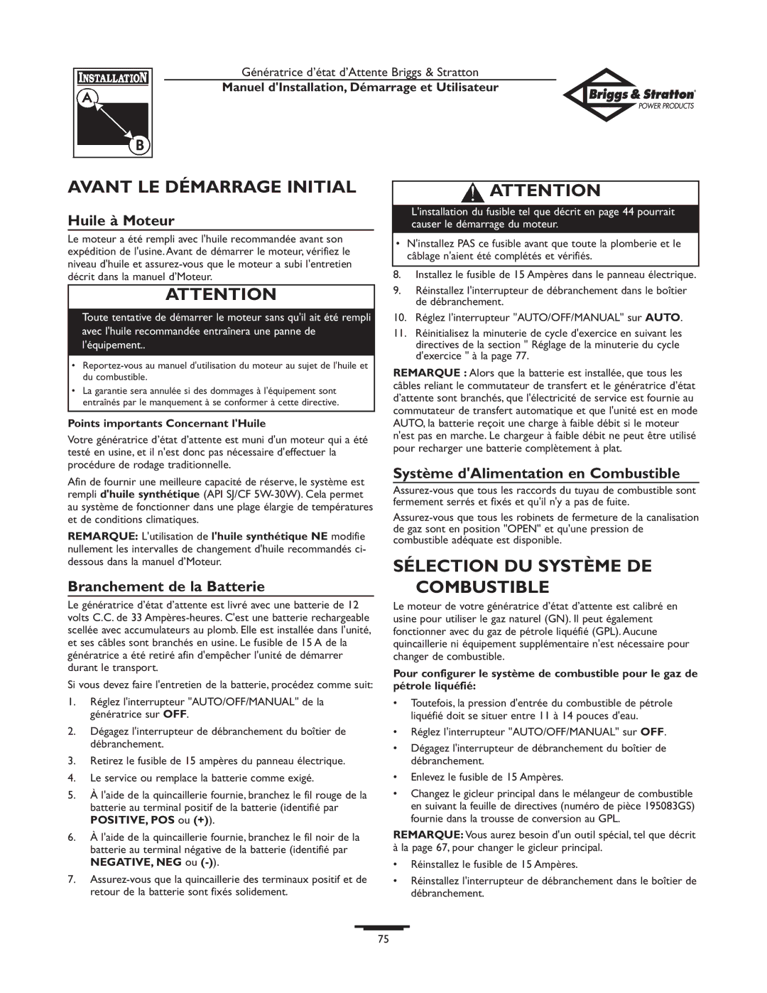 Briggs & Stratton 01897-0 owner manual Avant LE Démarrage Initial, Sélection DU Système DE Combustible, Huile à Moteur 