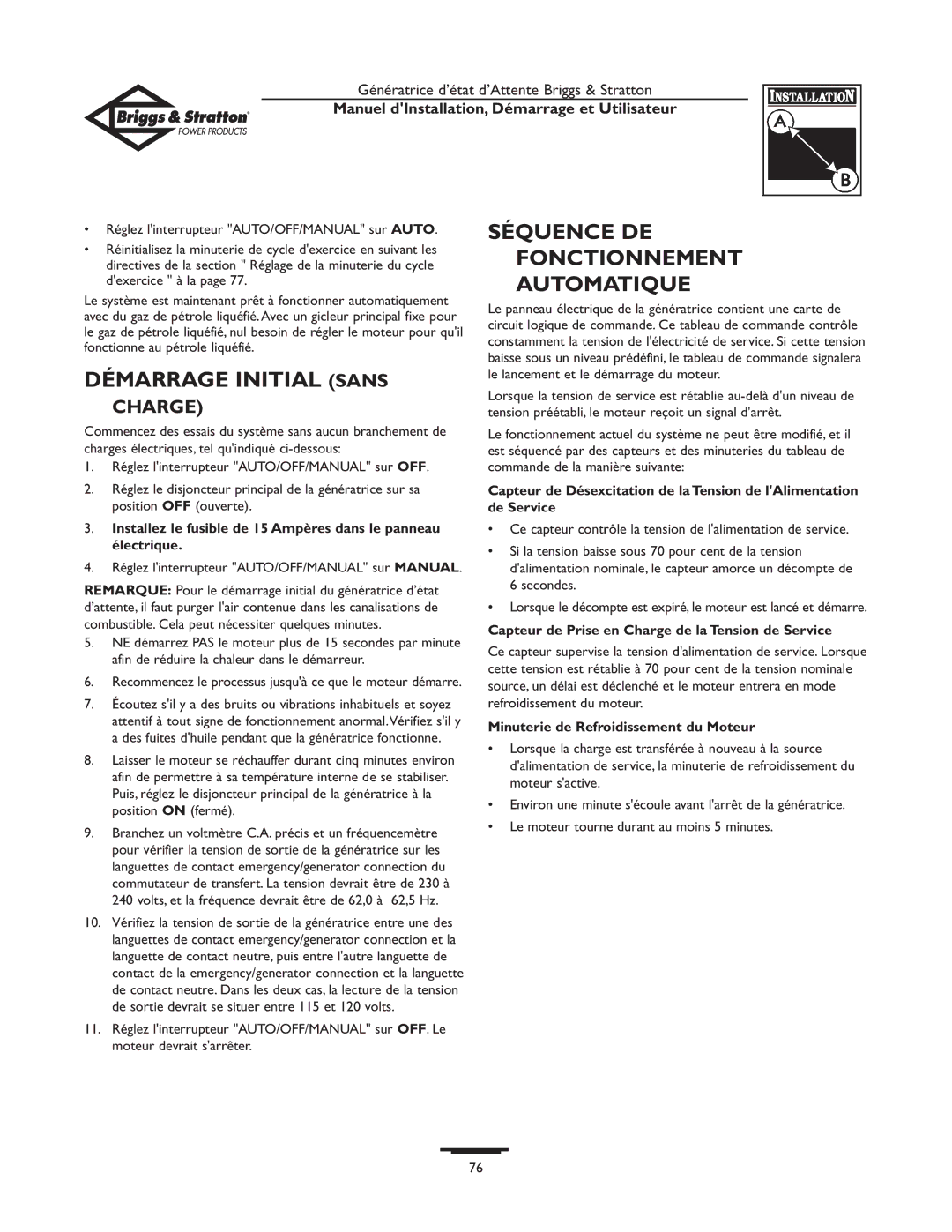 Briggs & Stratton 01897-0 owner manual Démarrage Initial Sans, Séquence DE Fonctionnement Automatique 