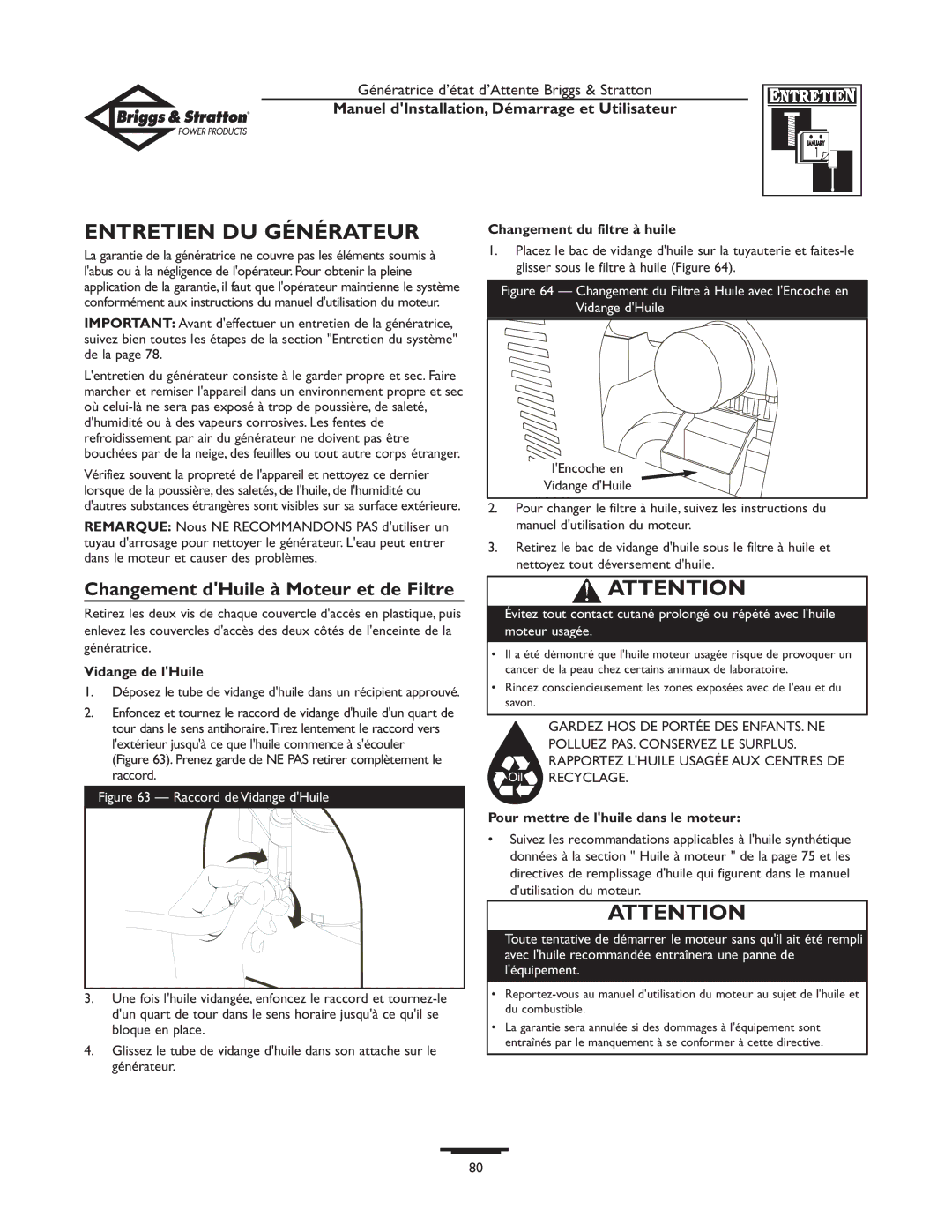 Briggs & Stratton 01897-0 Entretien DU Générateur, Changement dHuile à Moteur et de Filtre, Changement du filtre à huile 