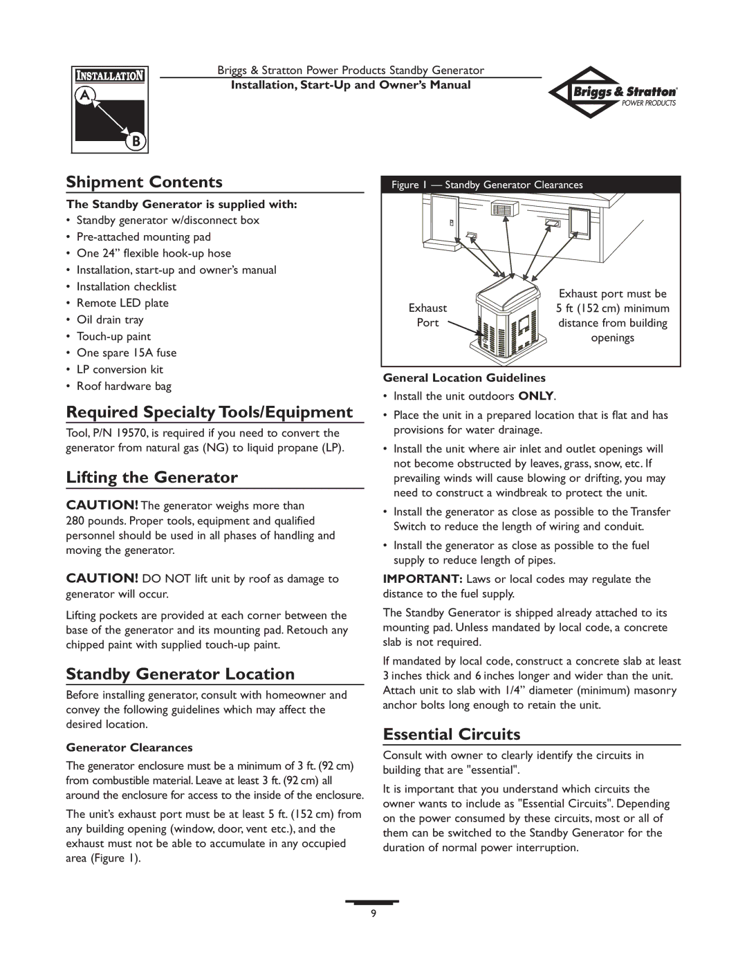 Briggs & Stratton 01897-0 Shipment Contents, Required Specialty Tools/Equipment, Lifting the Generator, Essential Circuits 