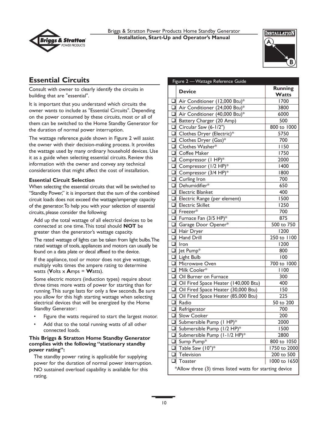 Briggs & Stratton 01897-0 manual Essential Circuits, Essential Circuit Selection, Device Running Watts 