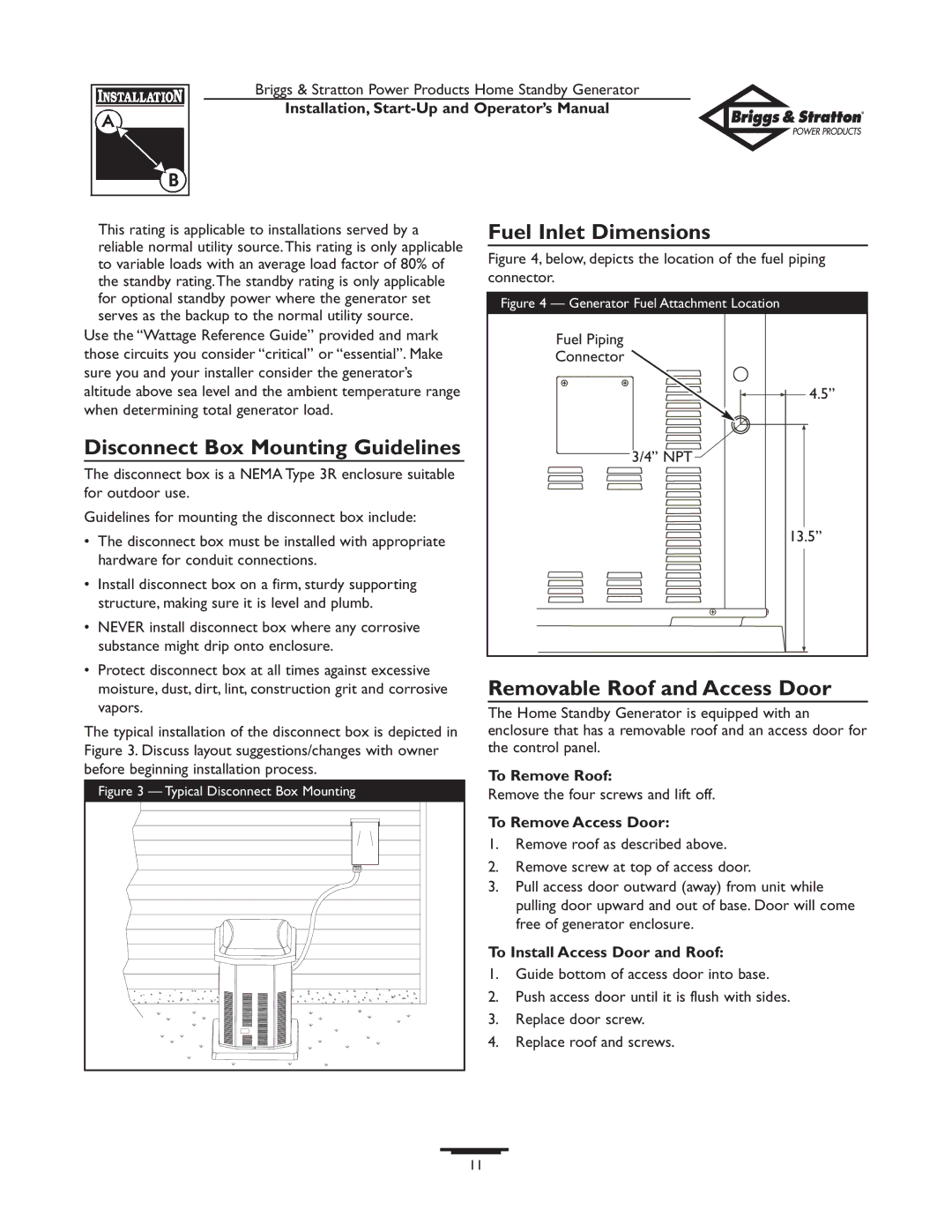 Briggs & Stratton 01897-0 manual Disconnect Box Mounting Guidelines, Fuel Inlet Dimensions, Removable Roof and Access Door 