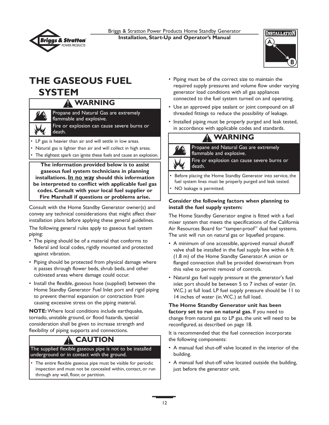 Briggs & Stratton 01897-0 manual Gaseous Fuel System, Consider the following factors when planning to 