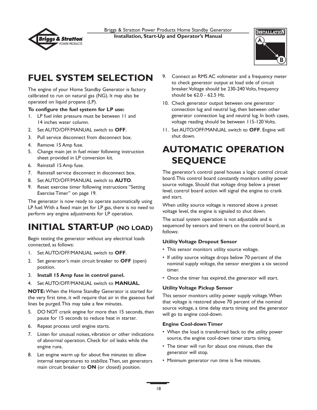 Briggs & Stratton 01897-0 manual Fuel System Selection, Automatic Operation Sequence, Initial START-UP no Load 