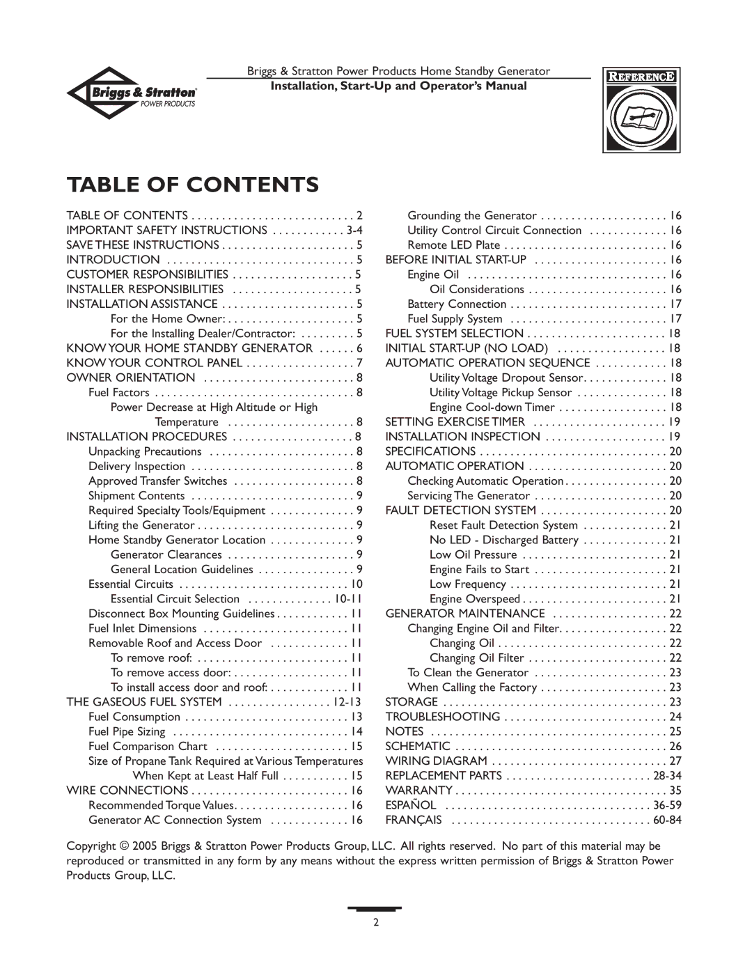 Briggs & Stratton 01897-0 manual Table of Contents 